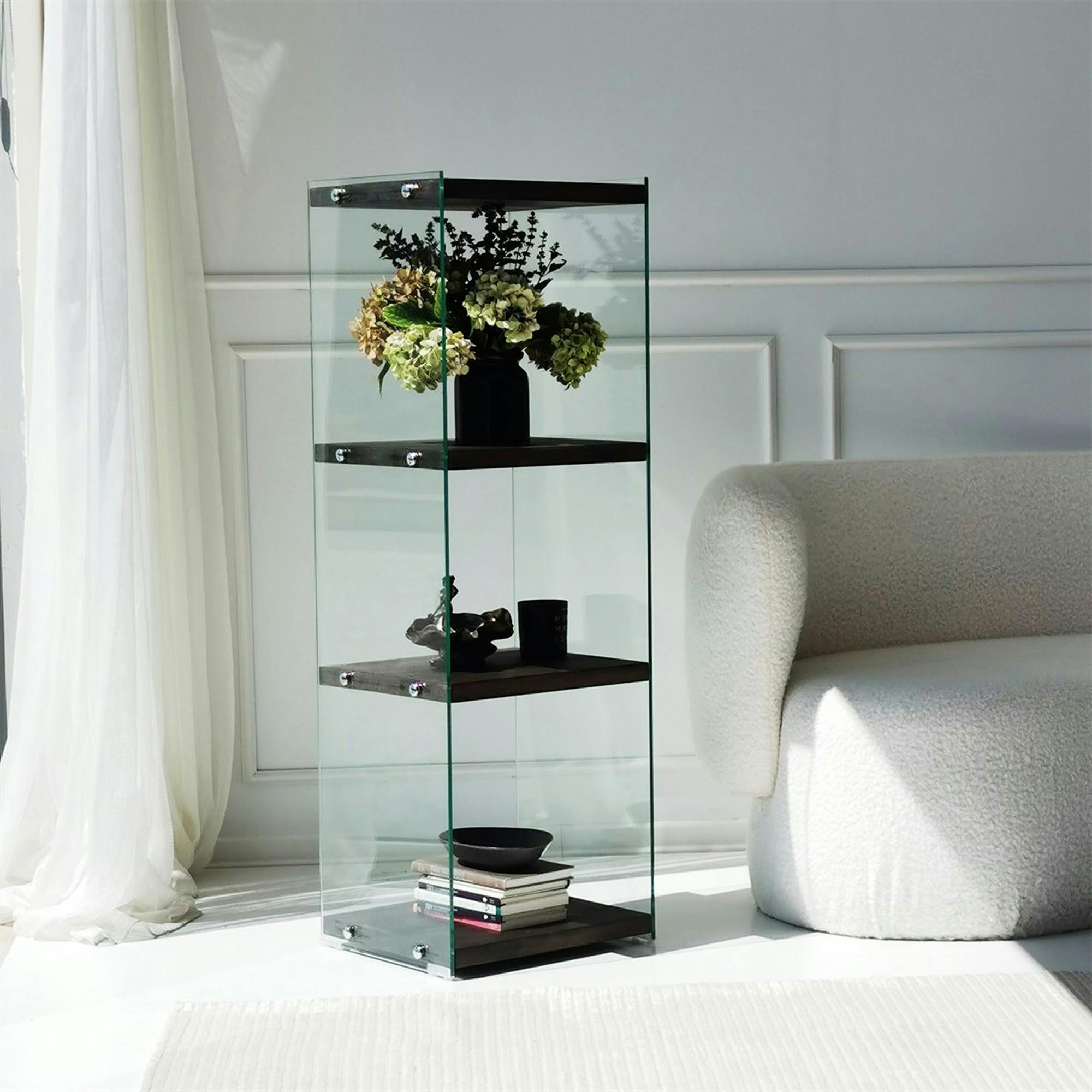 Colonne vitrine design - bois gris foncé, 4 plateaux LHASA