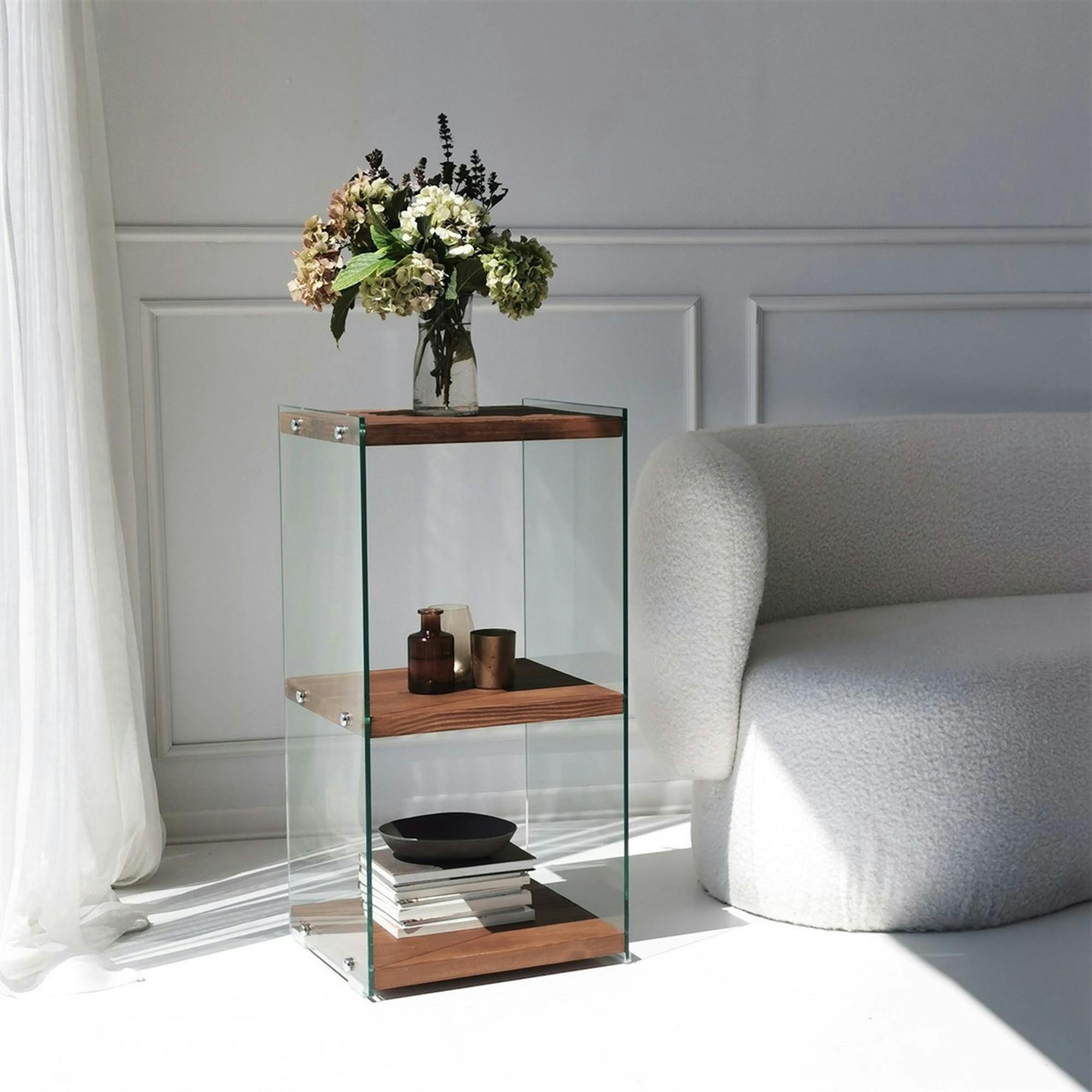 Colonne vitrine design - bois marron, 3 plateaux LHASA