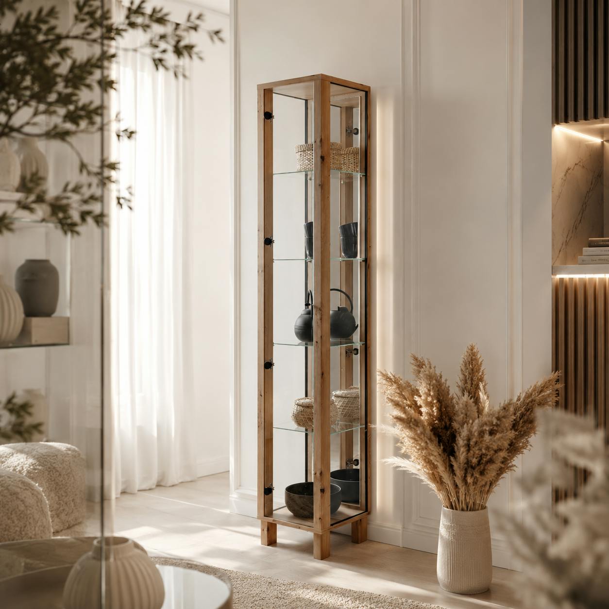 Colonne vitrine effet chêne 5 niveaux 1 miroir RAVEN