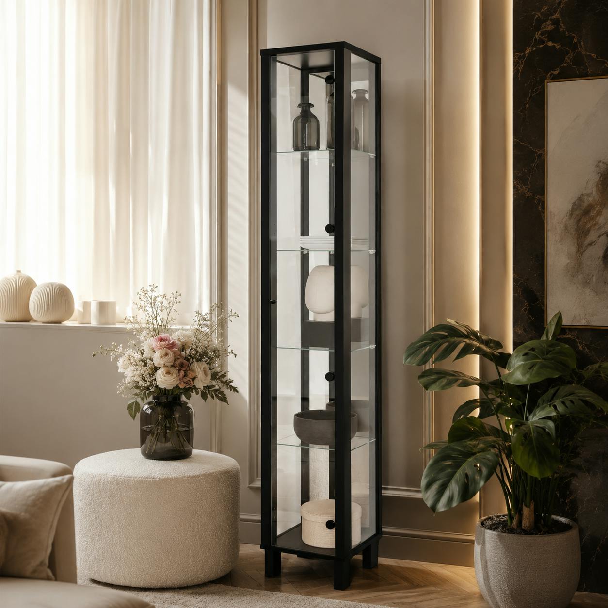 Colonne vitrine noire 5 niveaux 1 miroir RAVEN