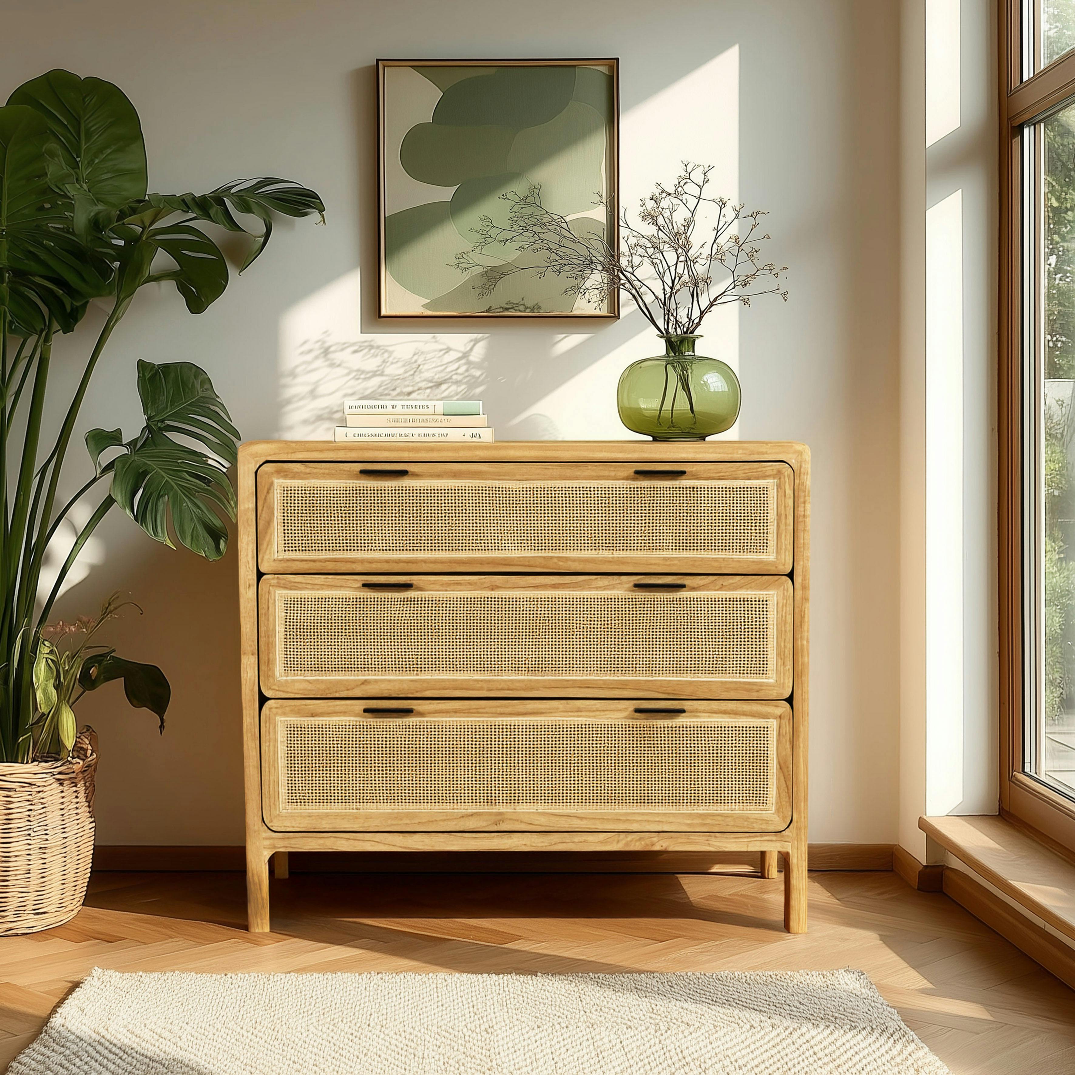 Commode 3 tiroirs 100cm en bois de mindi et rotin naturel SUKA