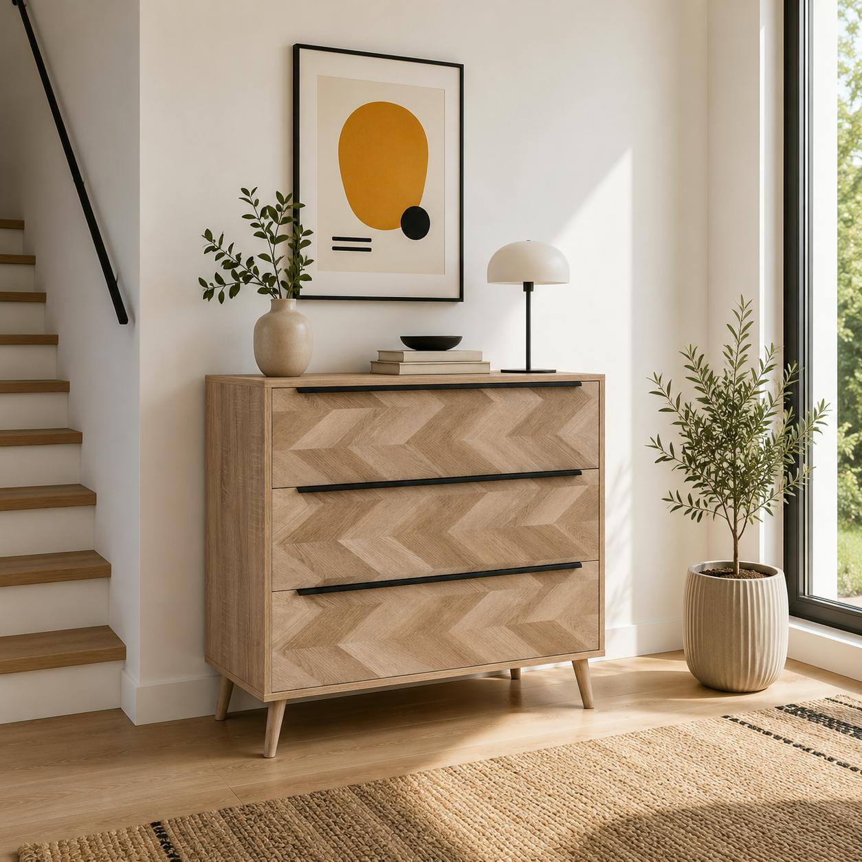 Commode 3 tiroirs décor bois motif chevron ALVA
