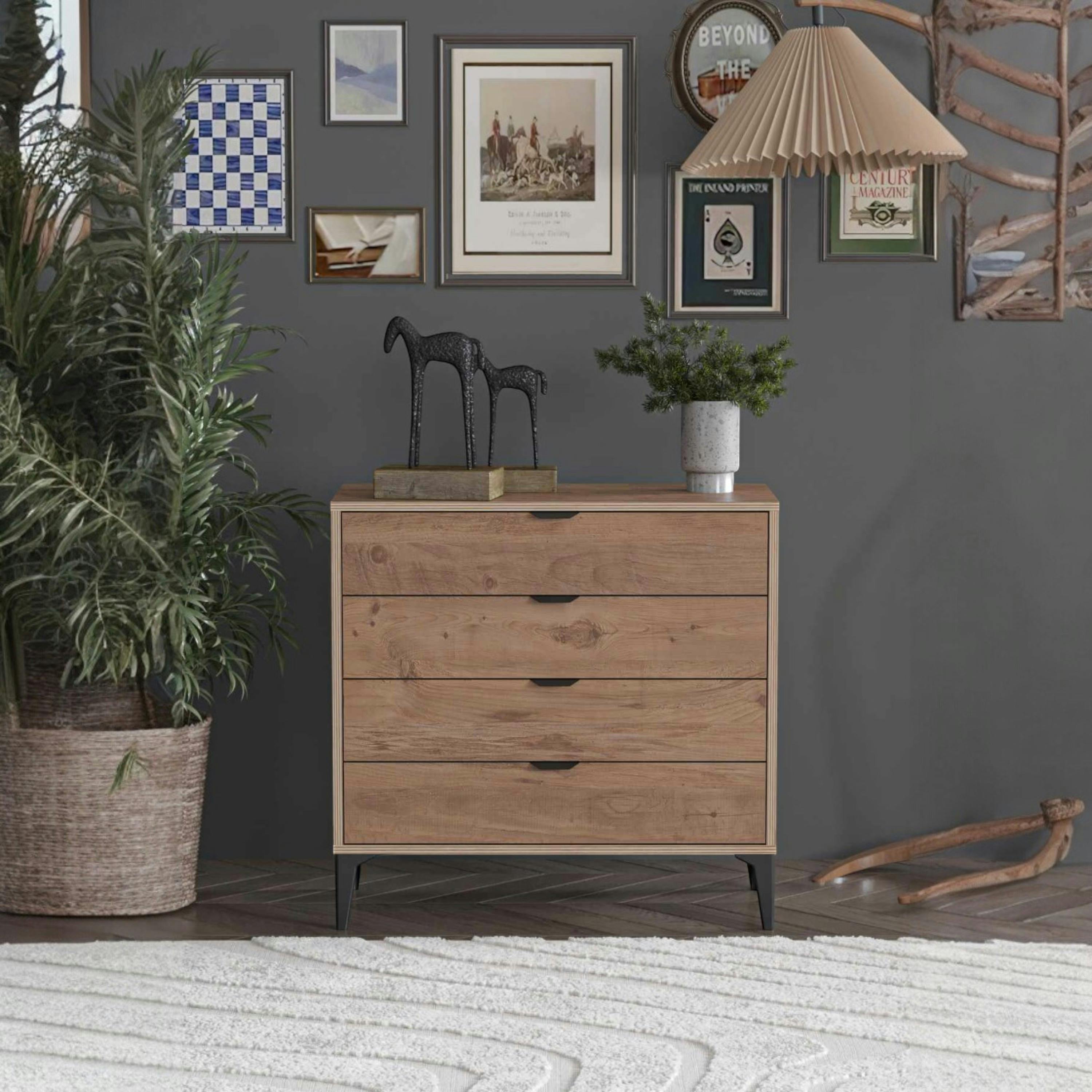 Commode 4 tiroirs décor pin moderne BYRON
