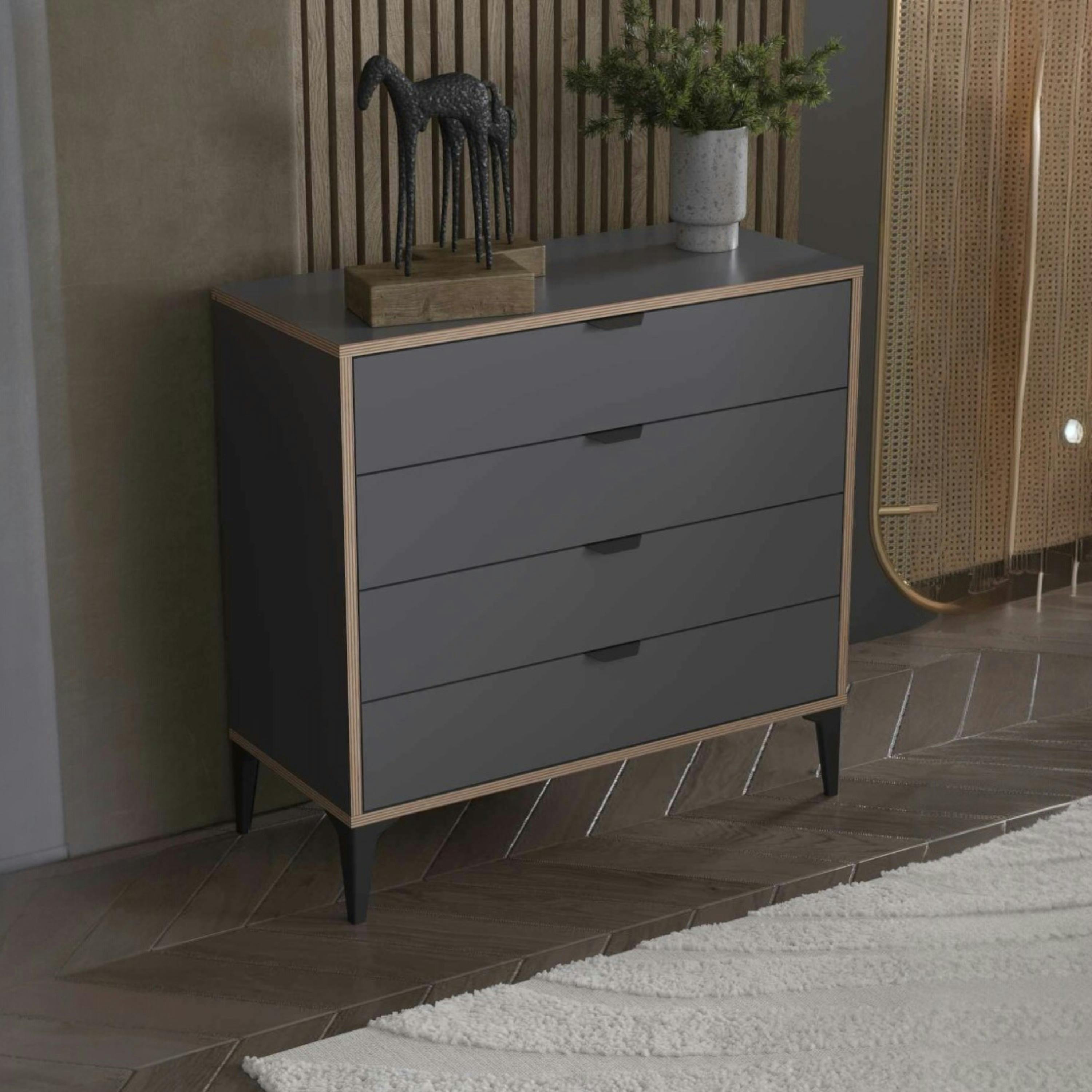 Commode 4 tiroirs gris foncé moderne BYRON