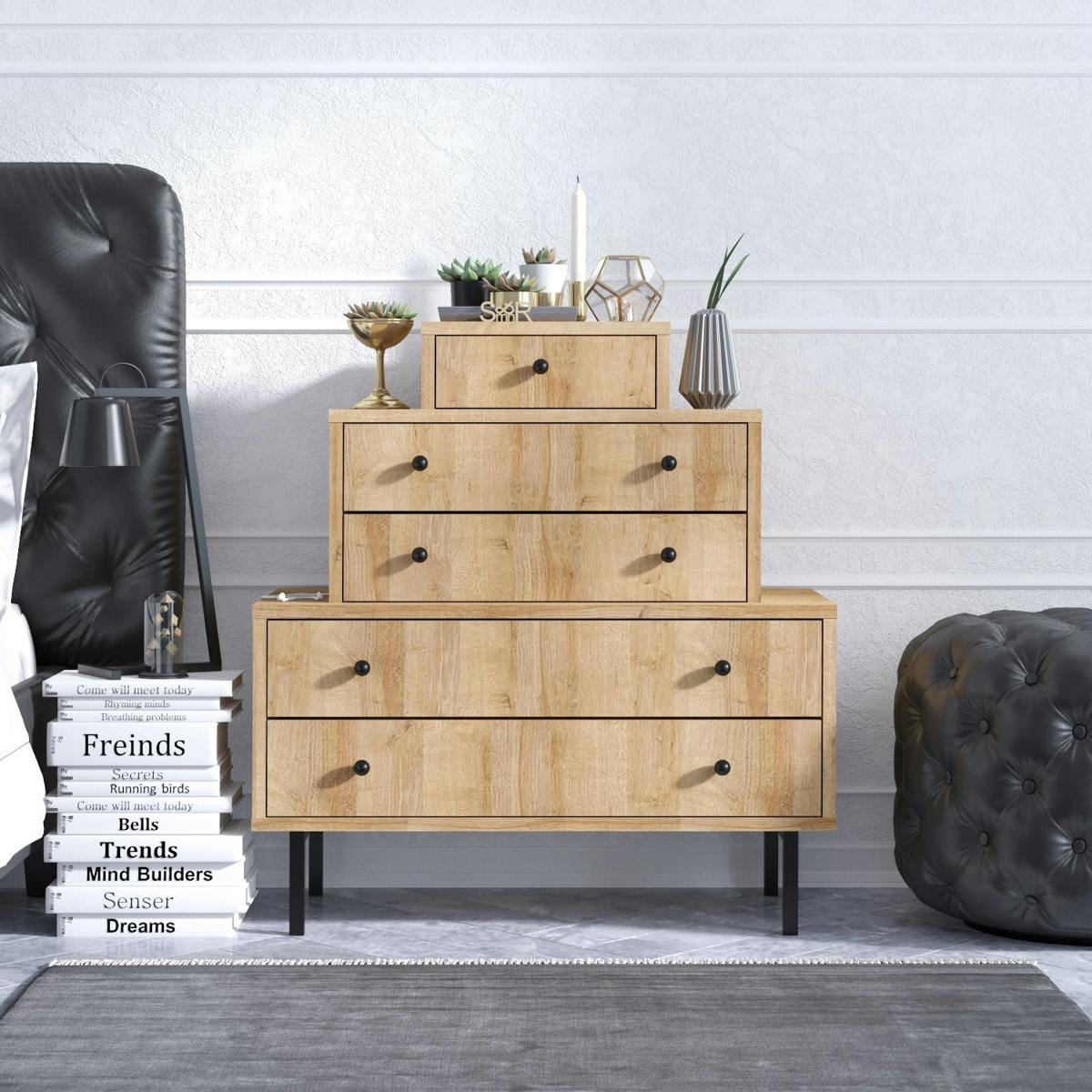 Commode 5 tiroirs effet bois, design en pyramide JENA
