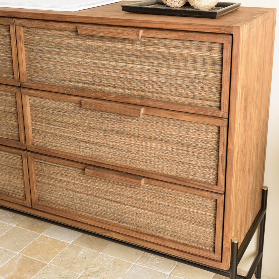 Commode 6 tiroirs en bois recyclé et tressage coco SWING | Commodes ...