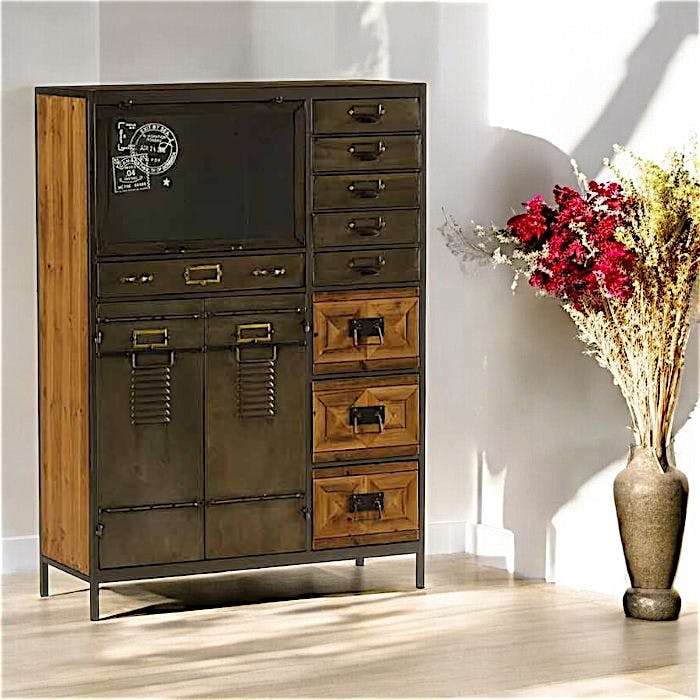 Commode 9 tiroirs métal vieilli et bois LAMPHUN