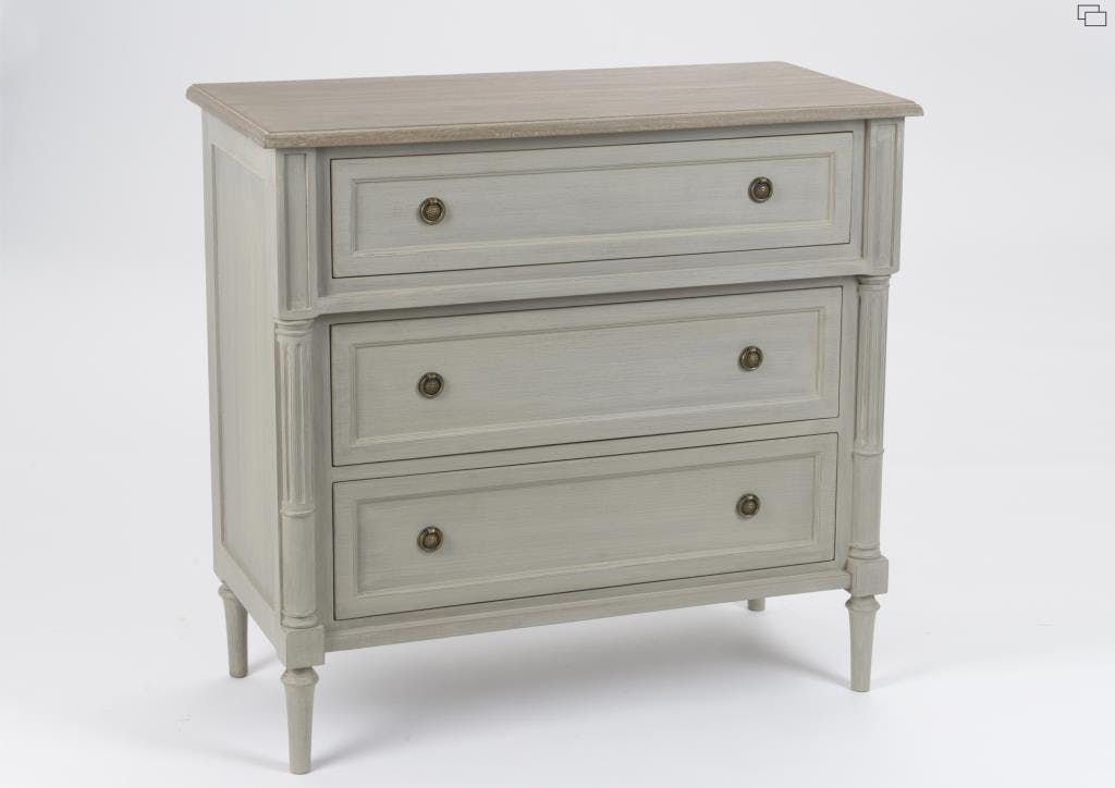 Commode 90 cm classique chic bois gris 3 tiroirs EDOUARD L 90 x P 40 x  H 85 AMADEUS