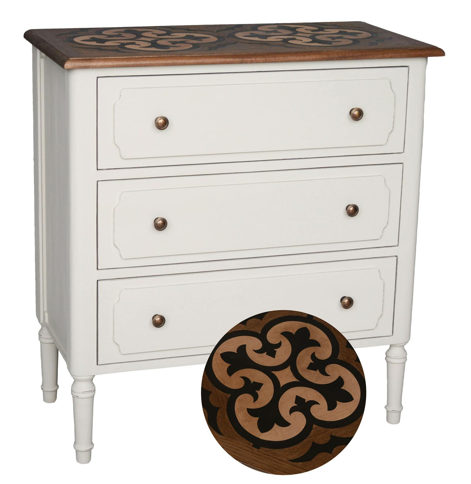 Commode bicolore patiné crème foncée, chic subtil,  plateau marqueterie 3 tiroirs SIMONE L80X H80XP40 AMADEUS