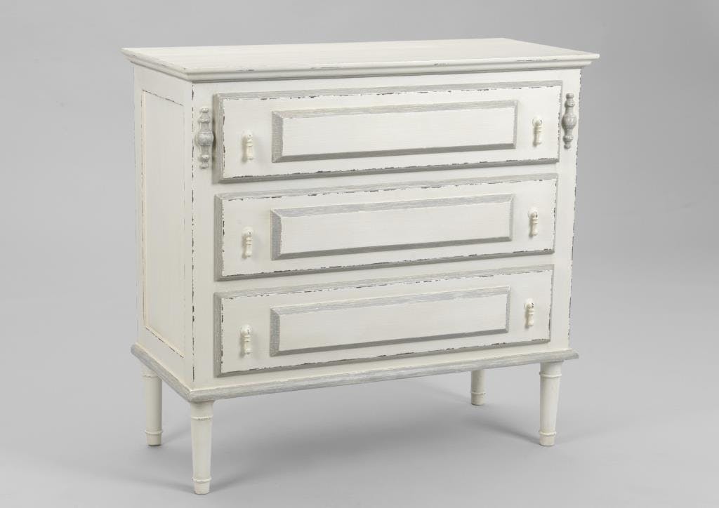 Commode blanche bois vieilli classique 3 tiroirs 90 cm ORNEMENT L 90 x P 40 x  H 85 AMADEUS
