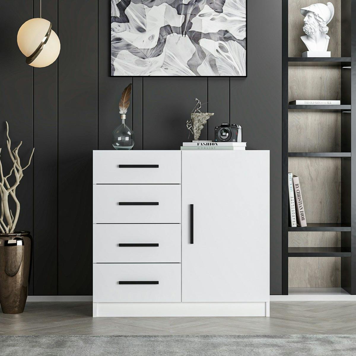 Commode blanche moderne 4 tiroirs rangement 1 porte MARFA