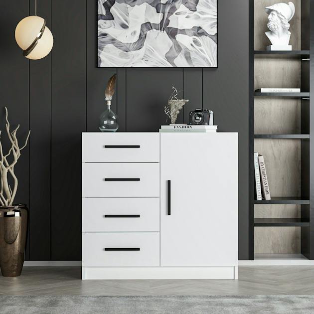 Commode blanche moderne 4 tiroirs rangement 1 porte MARFA | Commodes ...