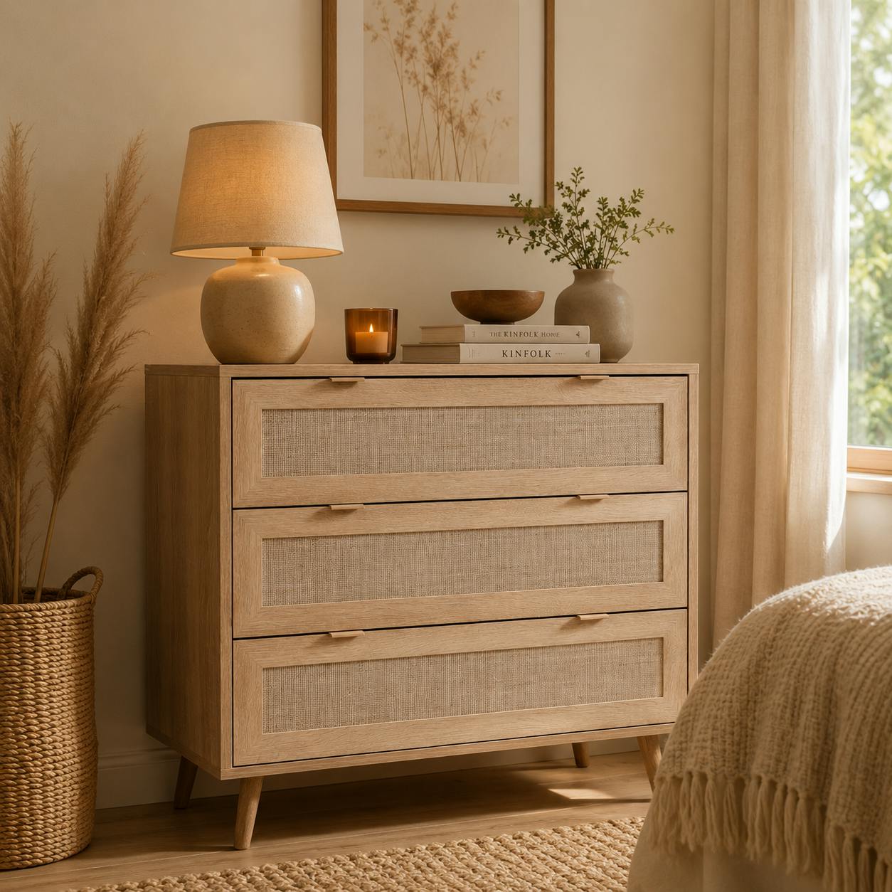 Commode bohème 3 tiroirs effet rotin SONA
