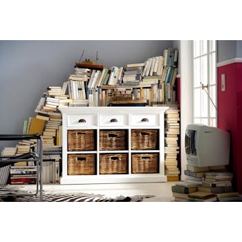 Commode bois blanc 3 tiroirs acajou 6 paniers rotin 125x85cm ROYAN