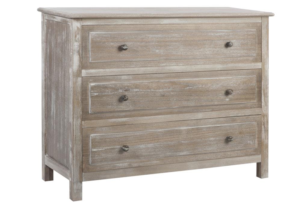 Commode bois naturel patiné grisé blanchi 3 grands tiroirs L100xP40xH80cm PAOLIA