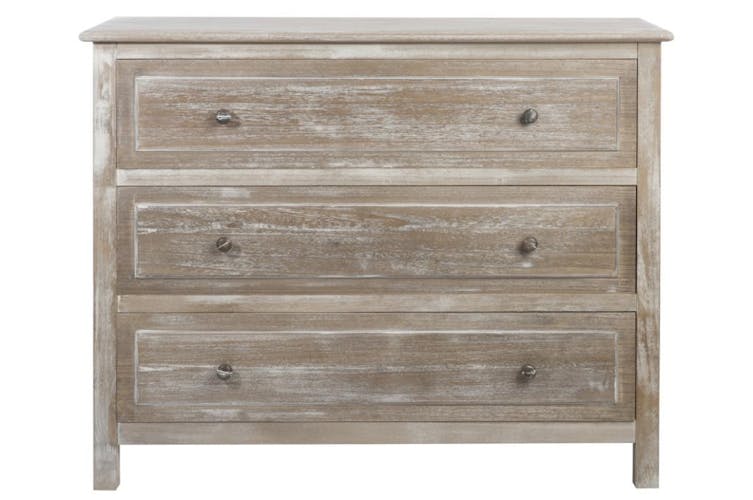 Commode bois naturel patiné grisé blanchi 3 grands tiroirs L100xP40xH80cm PAOLIA