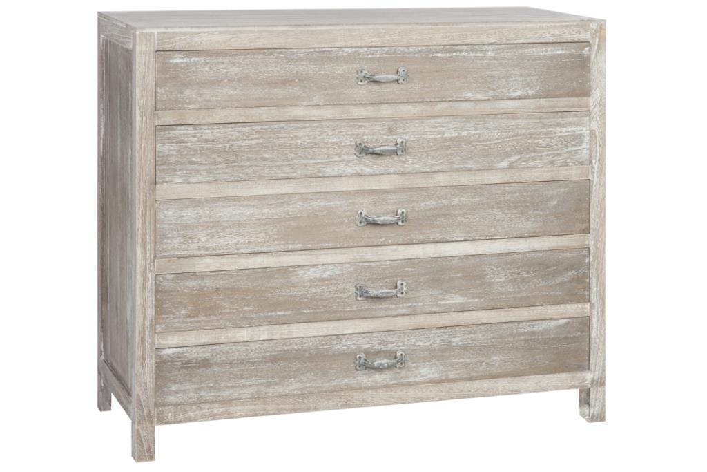 Commode bois naturel patiné grisé blanchi 5 tiroirs L100xP40xH80cm PAOLIA