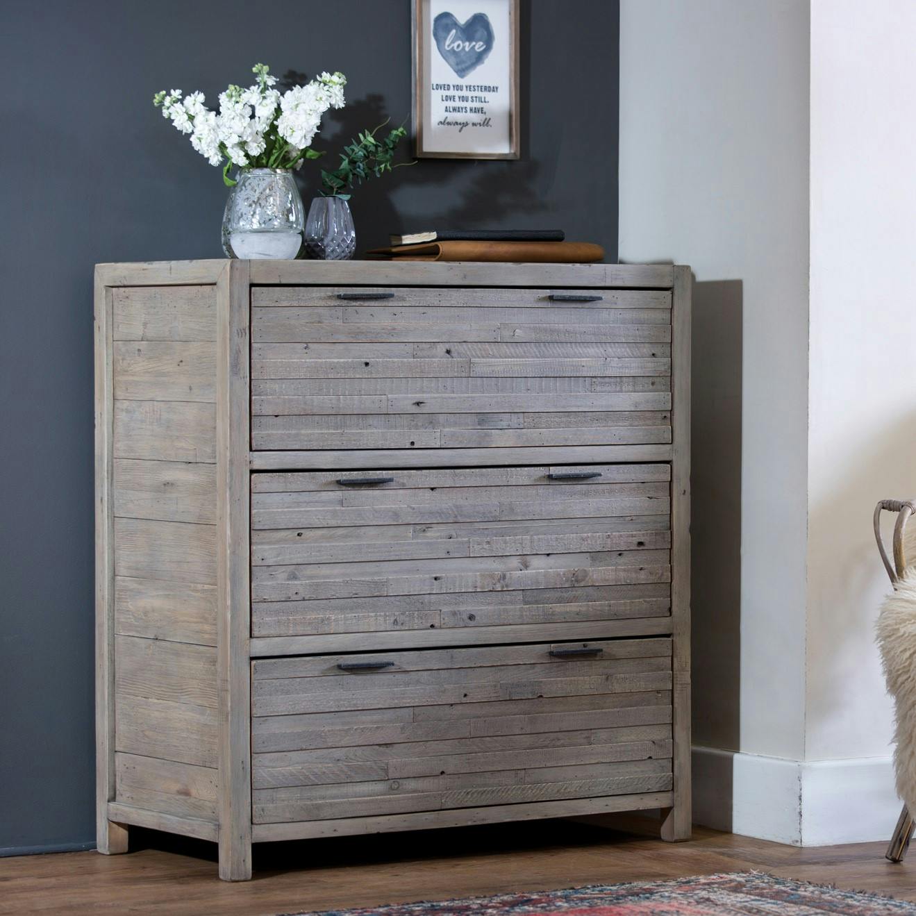 Commode bois recyclé grisé 3 tiroirs SIENNE