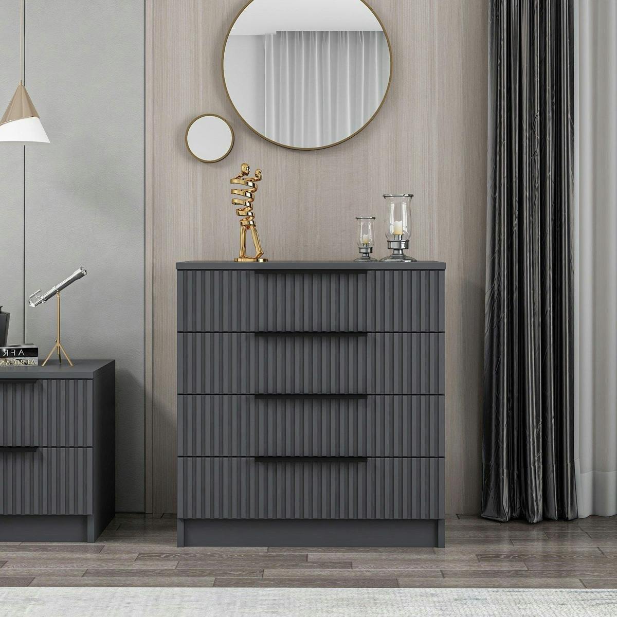 Commode chambre 4 tiroirs, façade grise rainurée BYRON