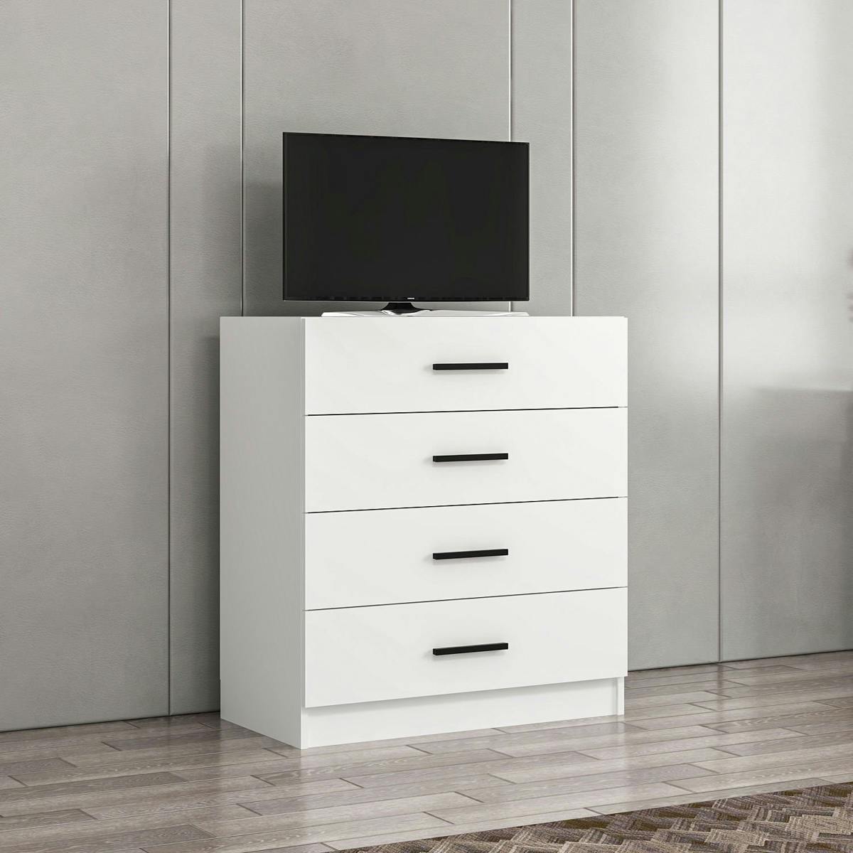 Commode chambre blanche 4 tiroirs, poignées baguettes MARFA