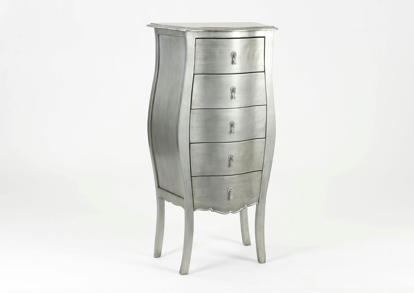 Commode chiffonnier baroque bois argenté 5 tiroirs MURANO L 55 x P 35 x  H 110 AMADEUS