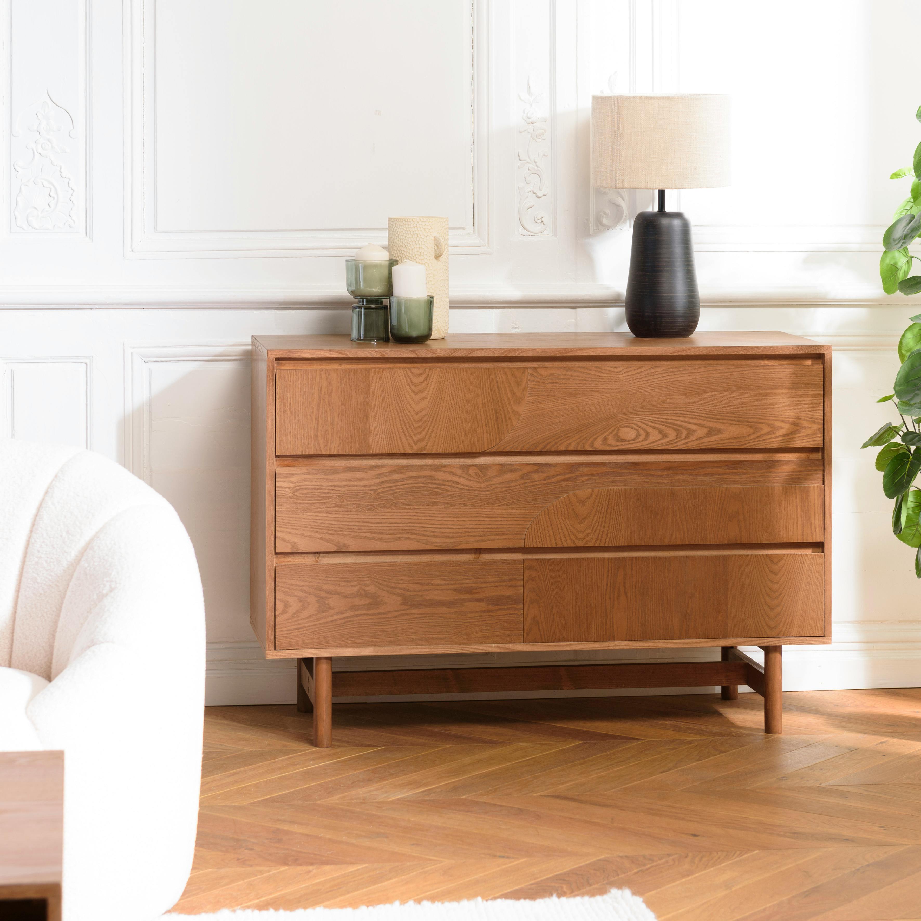 Commode couleur naturelle 3 tiroirs décor motif arrondi CORIA