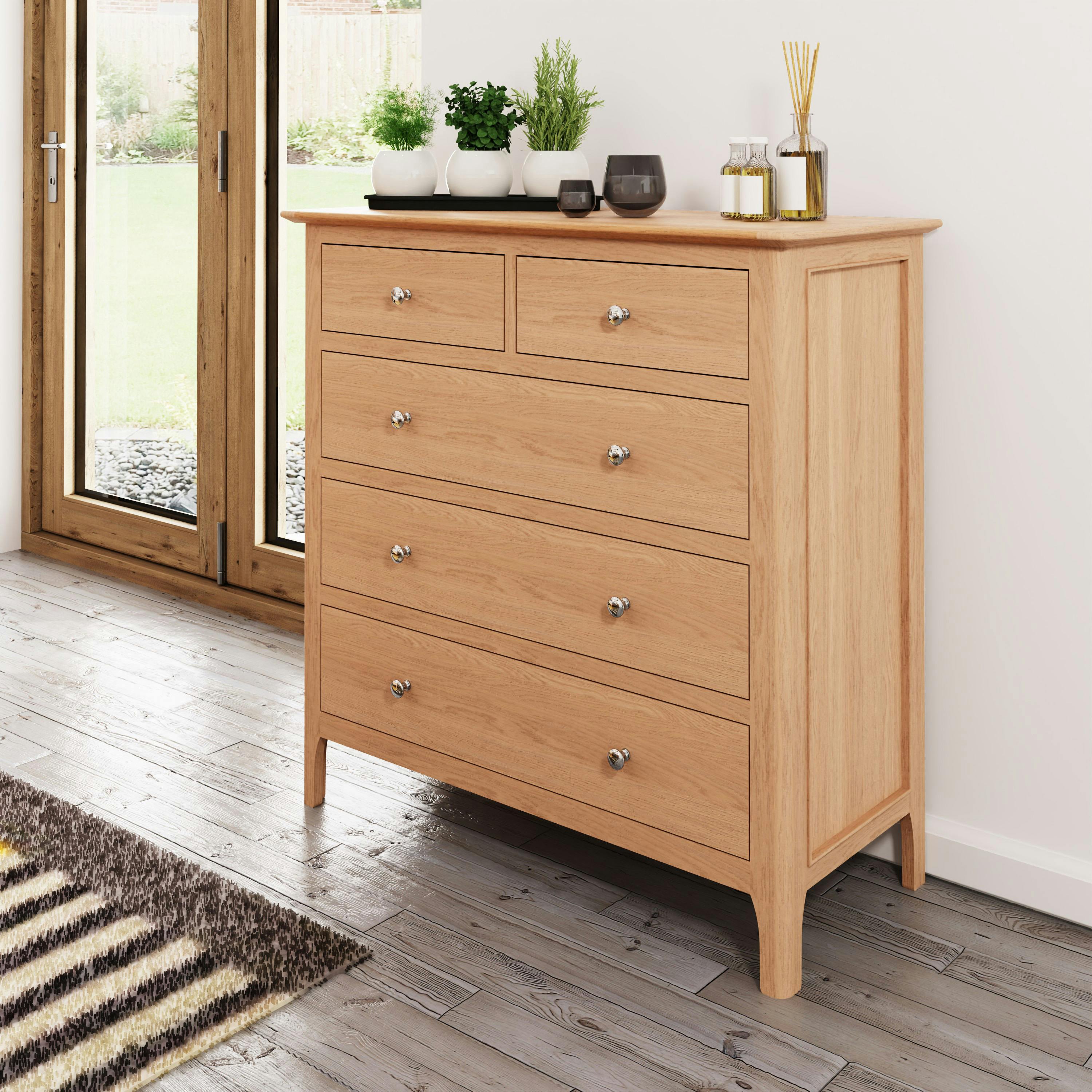 Commode de chambre en chêne clair, 5 tiroirs CRUZ