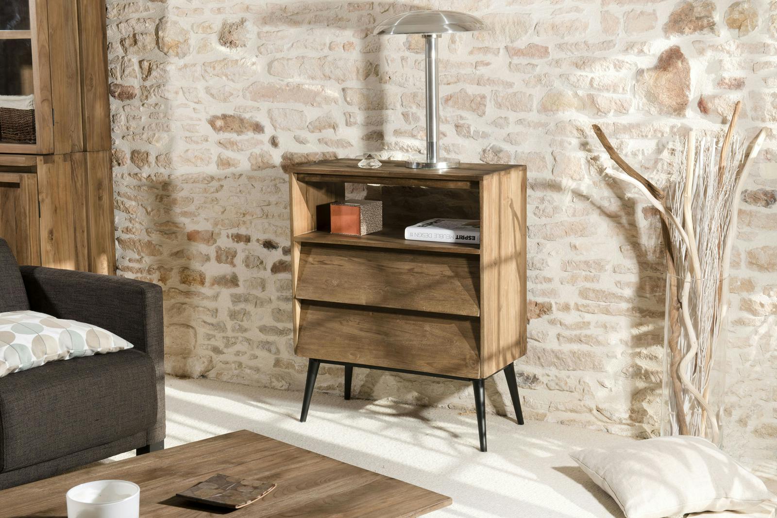 Commode esprit scandinave en Teck recyclé 2 tiroirs, 1 niche ouverte 72x35x90cm SWING