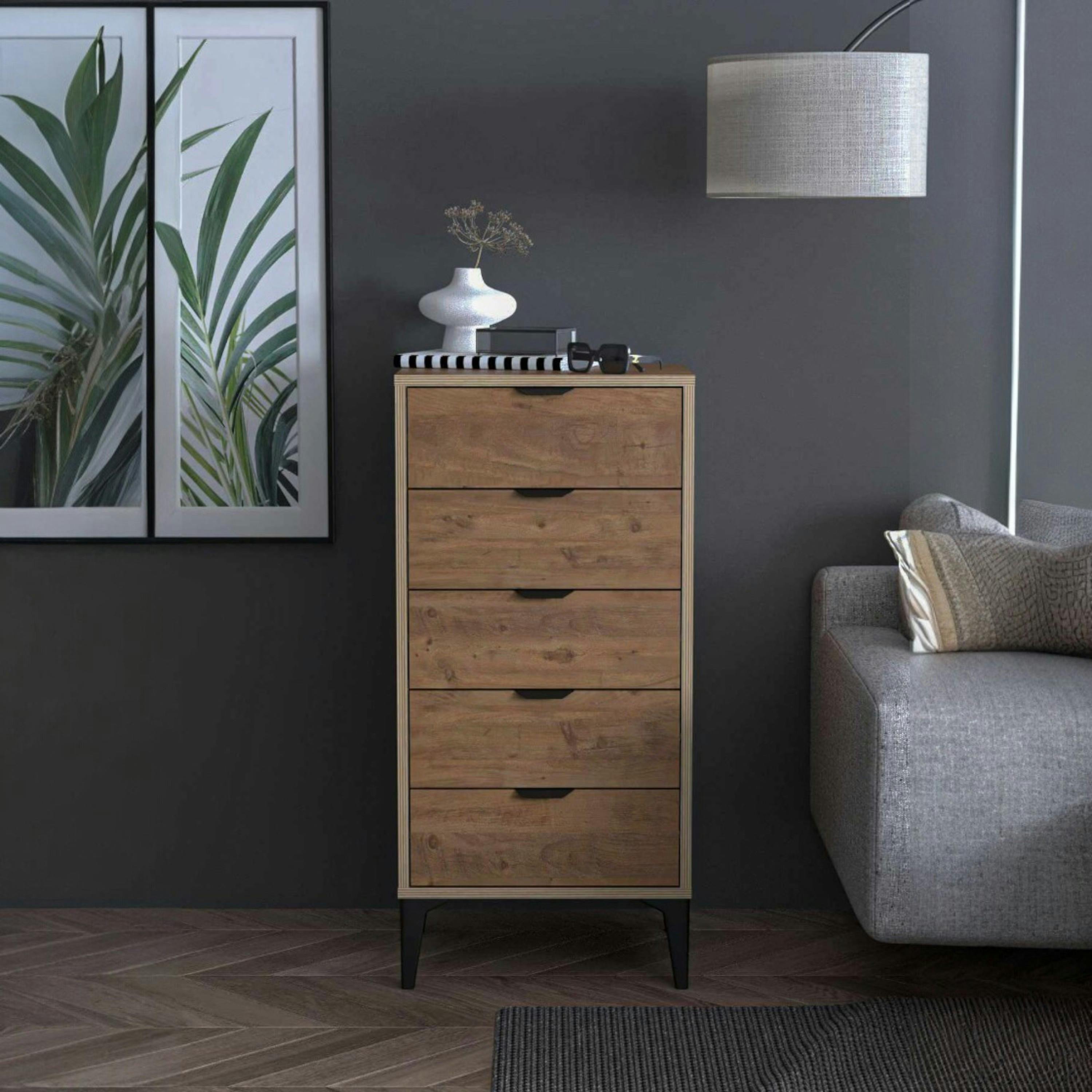 Commode étroite 5 tiroirs décor pin BYRON