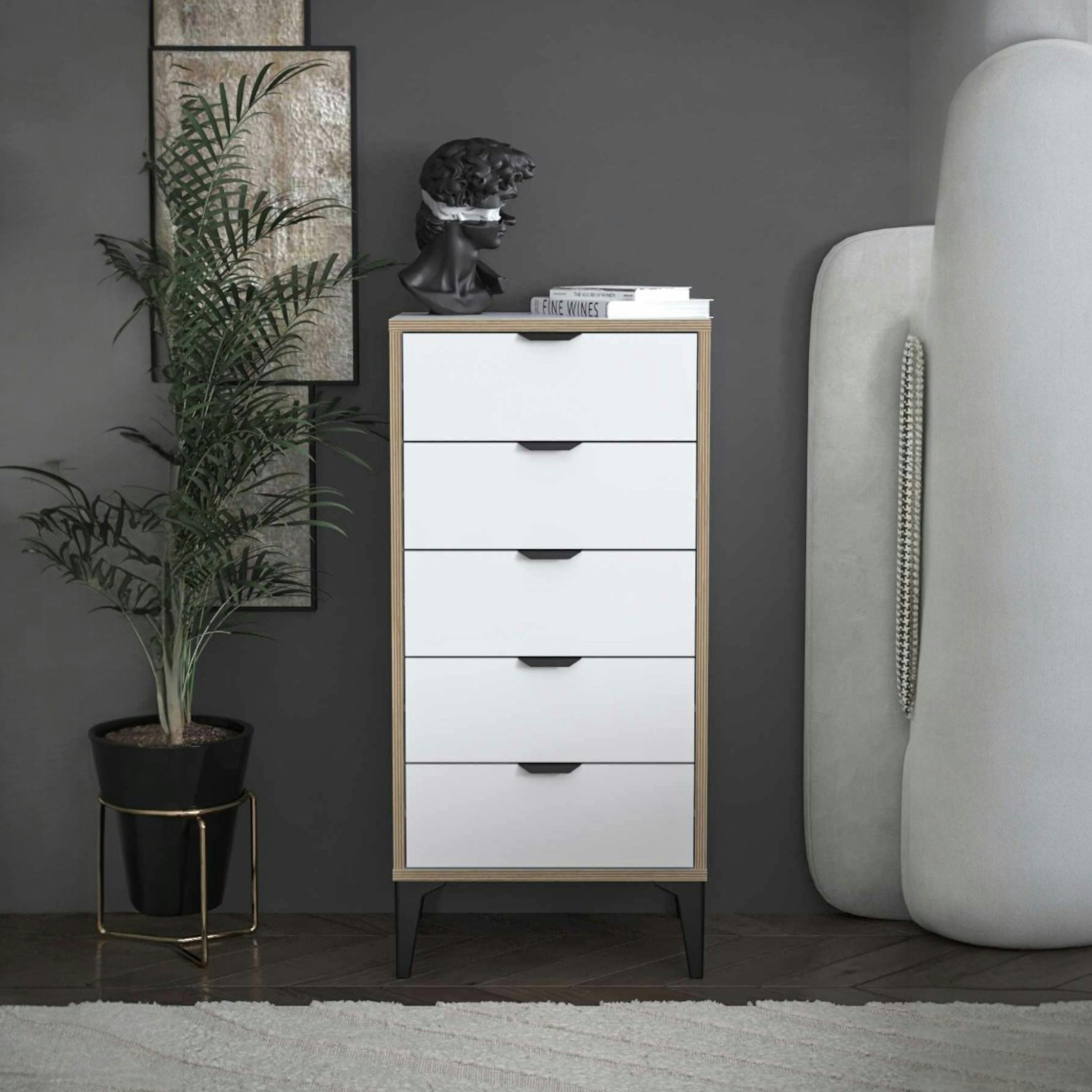 Commode étroite blanche 5 tiroirs BYRON