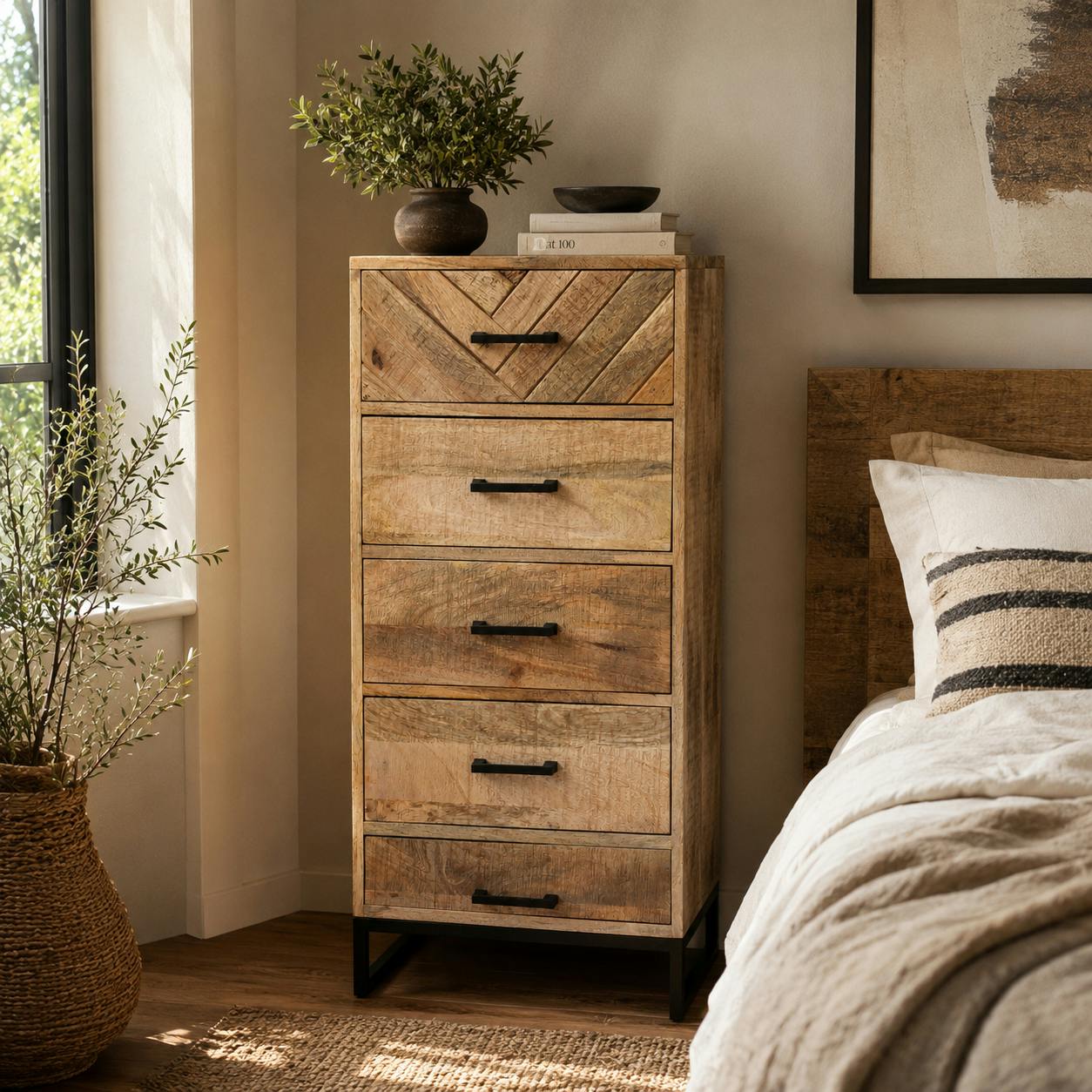 Commode étroite en bois de manguier 5 tiroirs BRIX