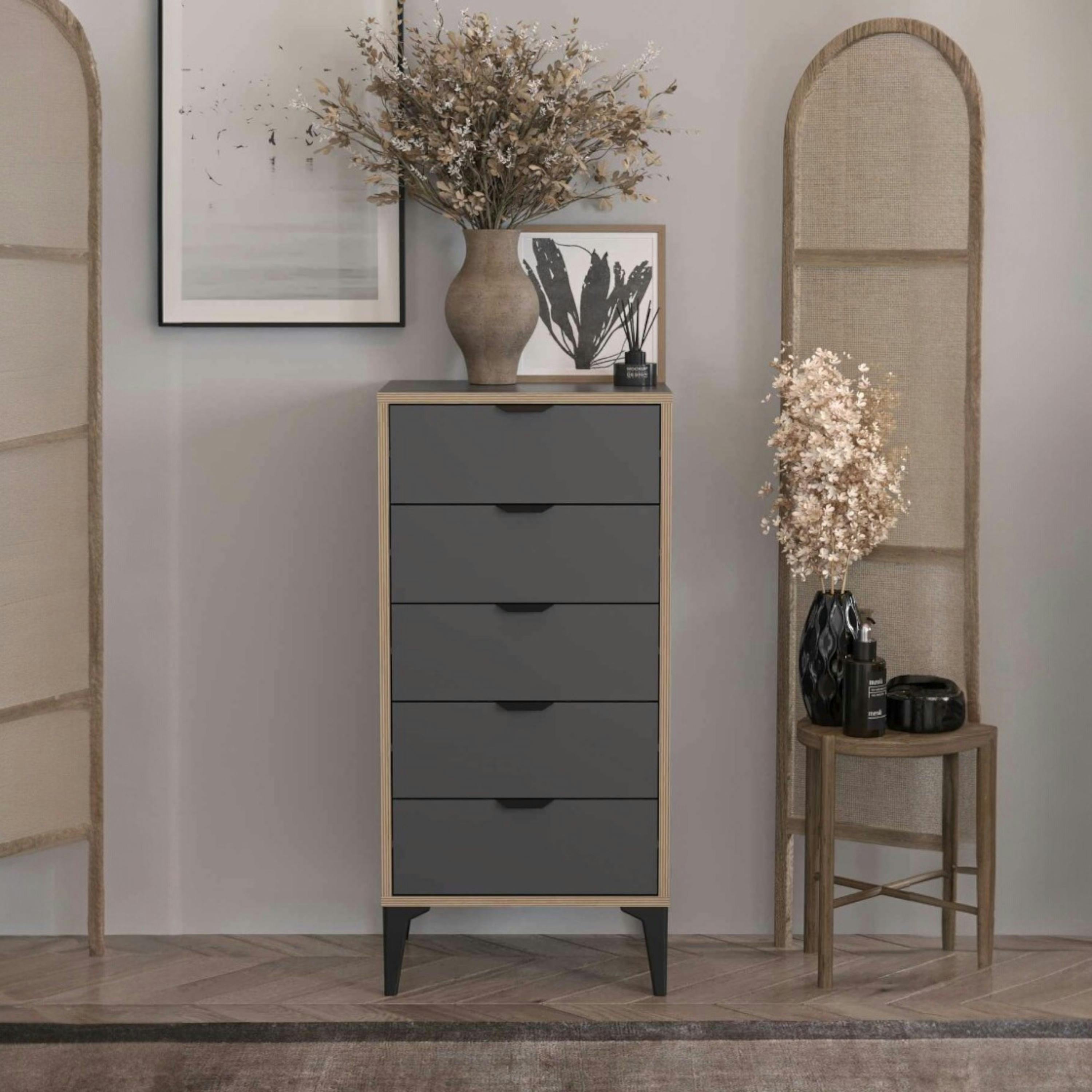 Commode étroite gris foncé 5 tiroirs BYRON