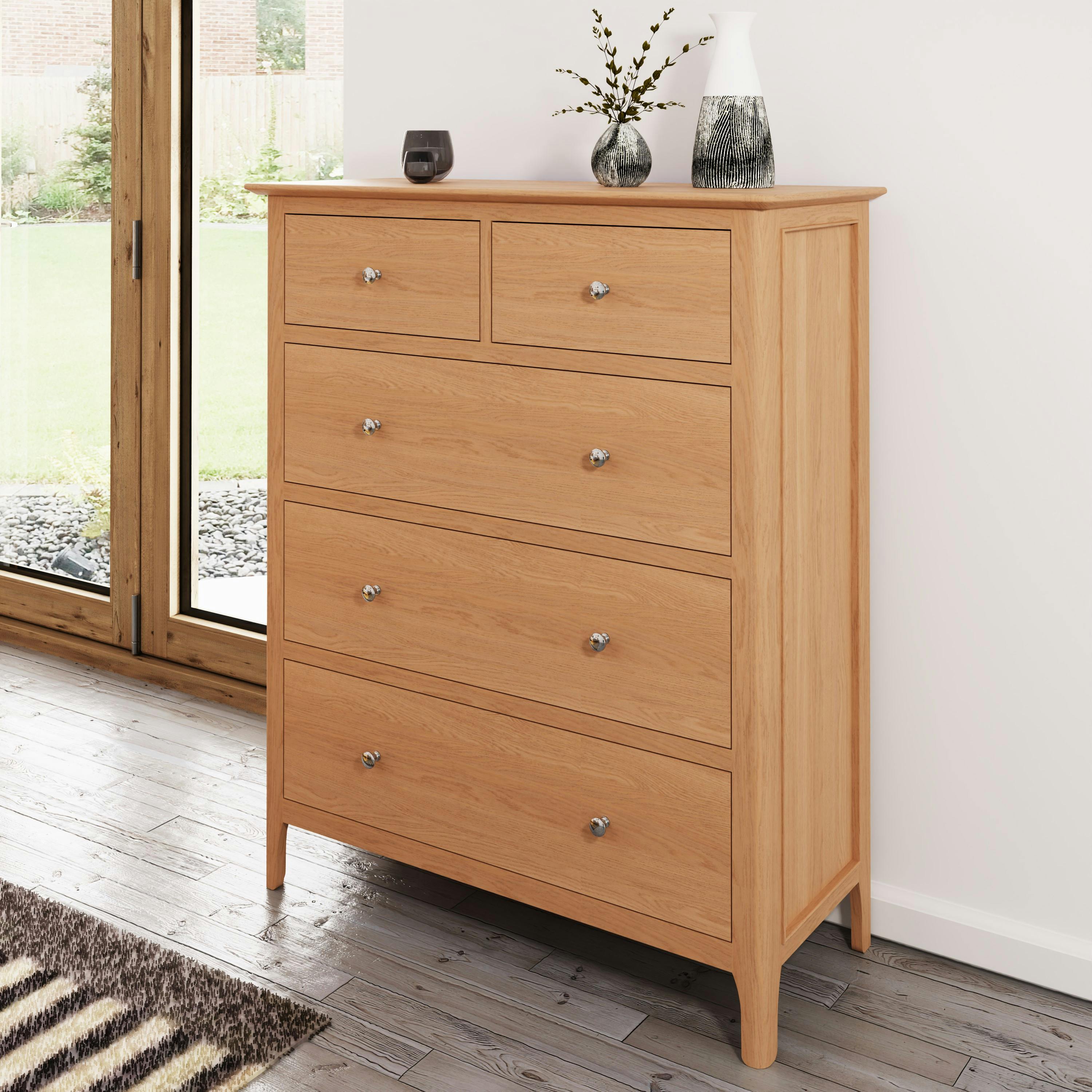 Commode haute en bois de chêne blond, 5 tiroirs CRUZ