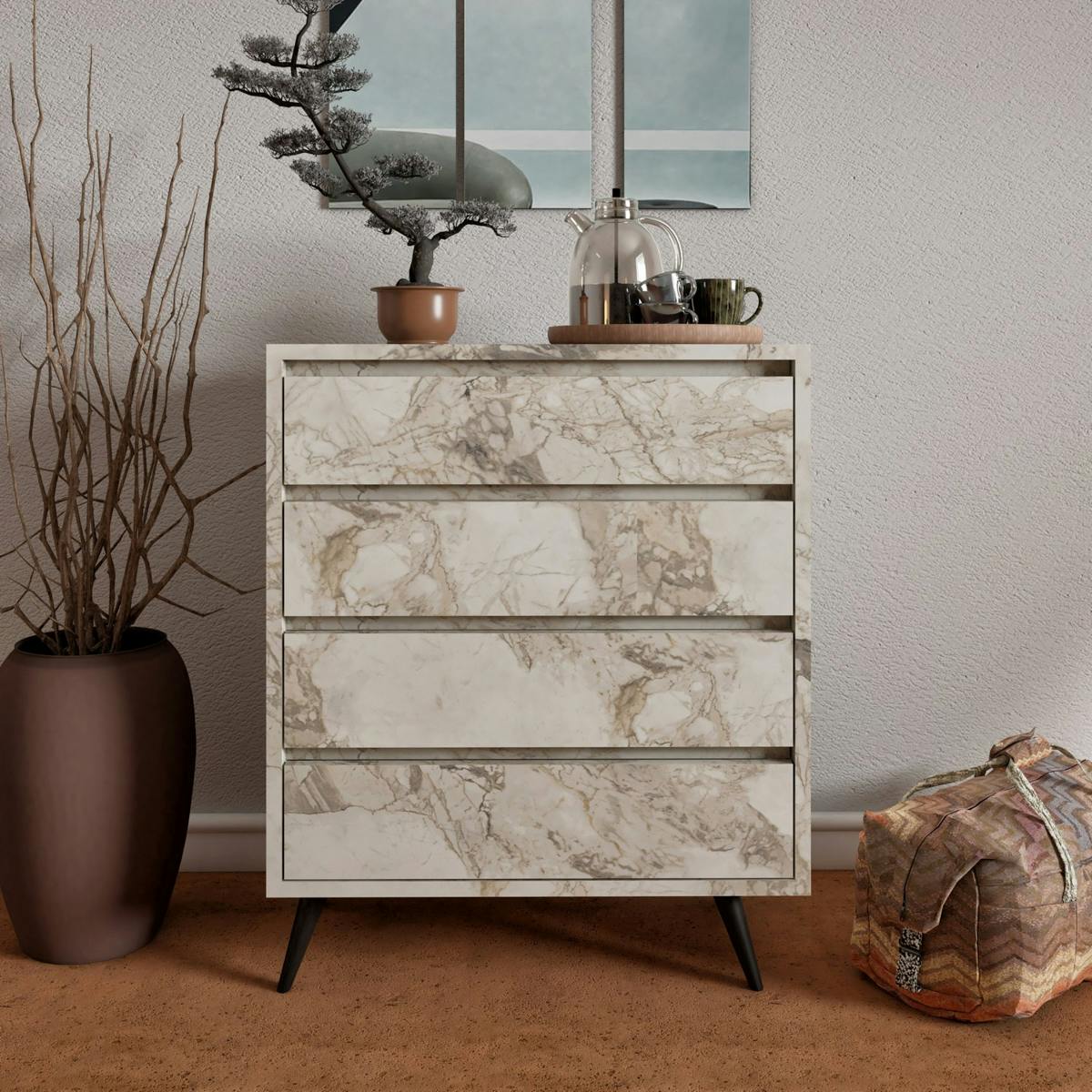 Commode moderne 4 tiroirs effet marbre, pieds noirs MARFA