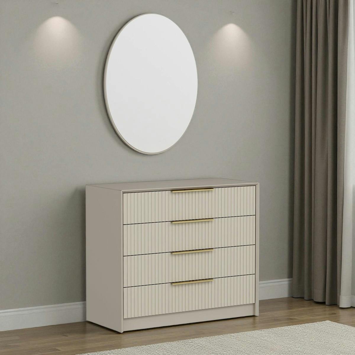 Commode moderne beige 4 tiroirs, miroir assorti BYRON