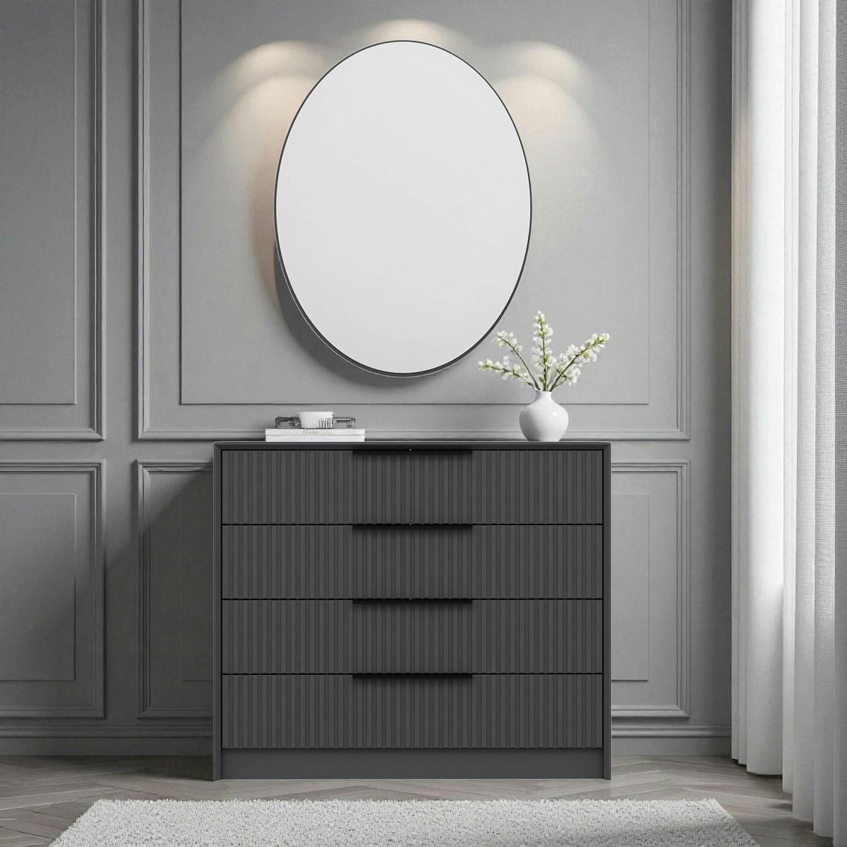 Commode moderne grise 4 tiroirs, miroir assorti BYRON