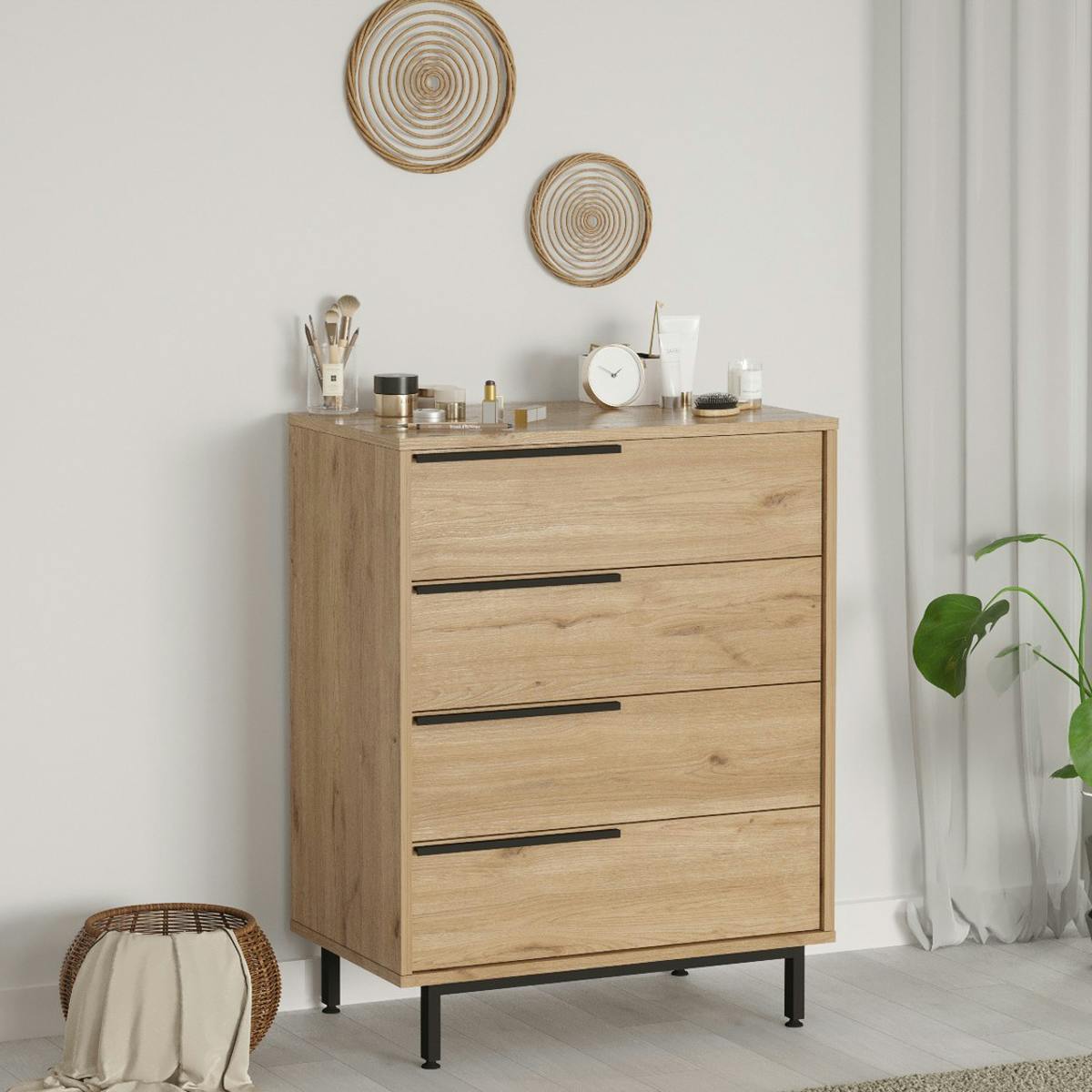 Commode rangement 4 tiroirs à détails noirs, effet bois JENA