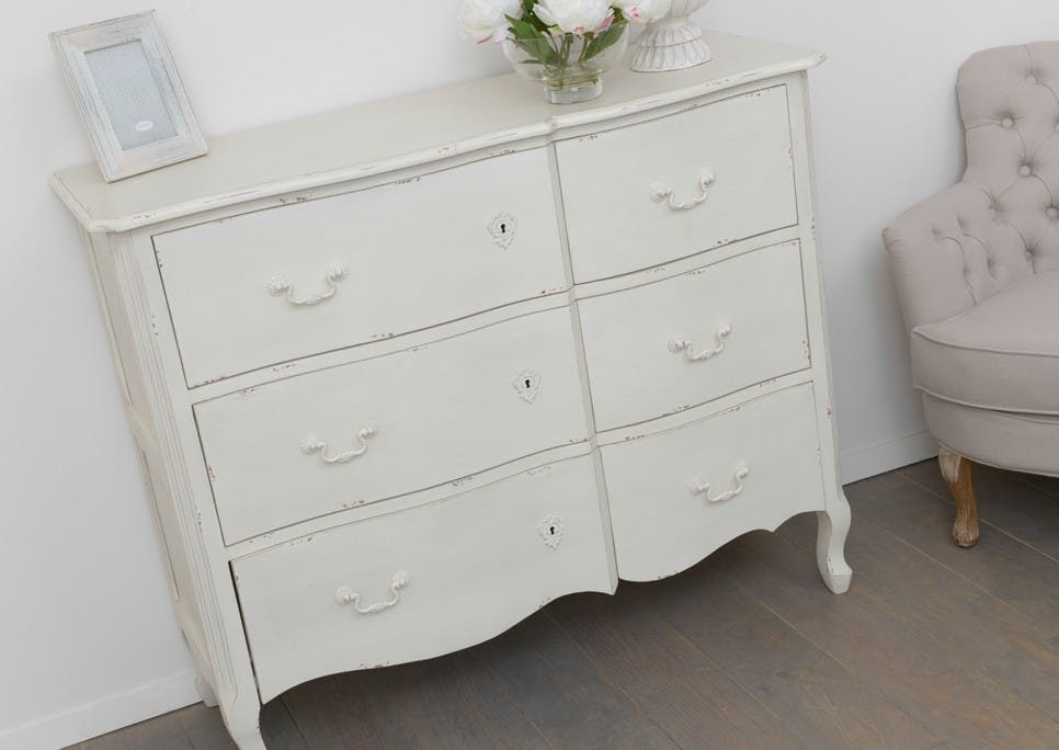 Commode Romantique 6 tiroirs  HARPE L 110 X P 40 X H 90 Crème Antique vieilli AMADEUS