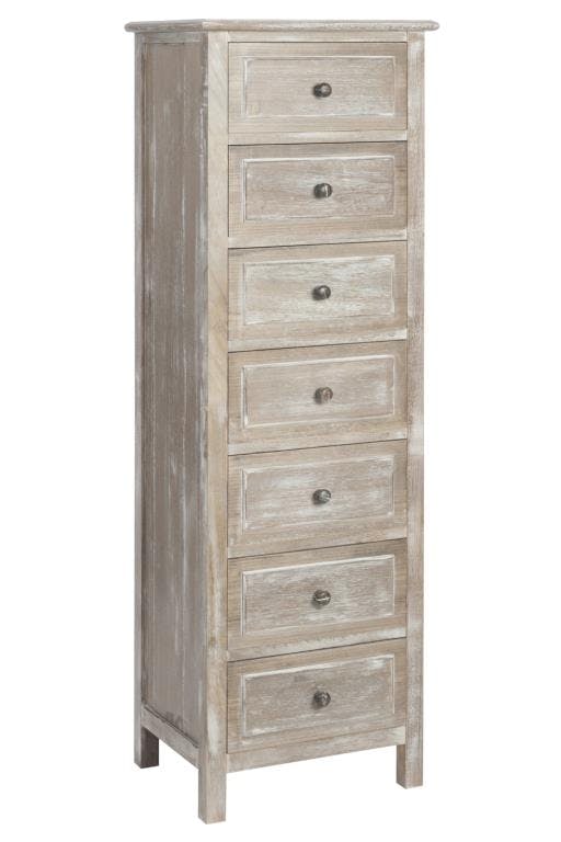 Commode semainier bois naturel patiné grisé blanchi 7 tiroirs L45xP35xH140cm PAOLIA
