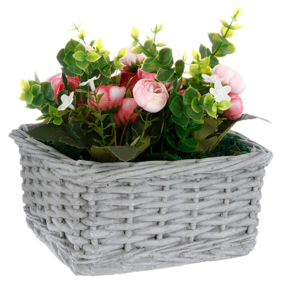 Composition florale dans pot en ciment imitation panier osier 18x18xH15cm