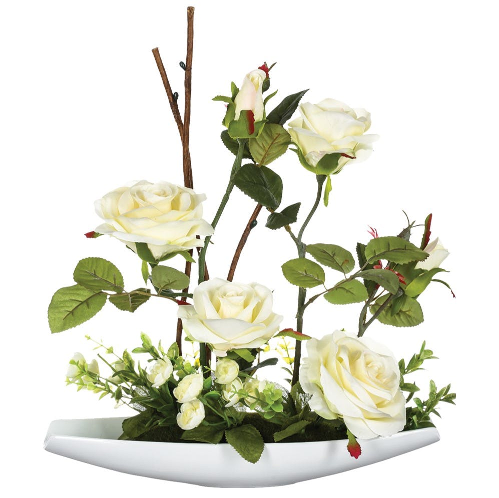 Composition florale de roses dans coupelle en céramique