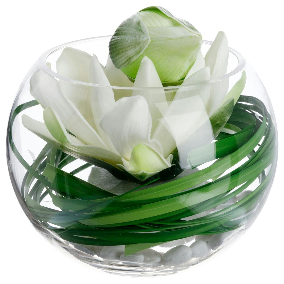 Composition Lotus dans vase verre D17xH21cm