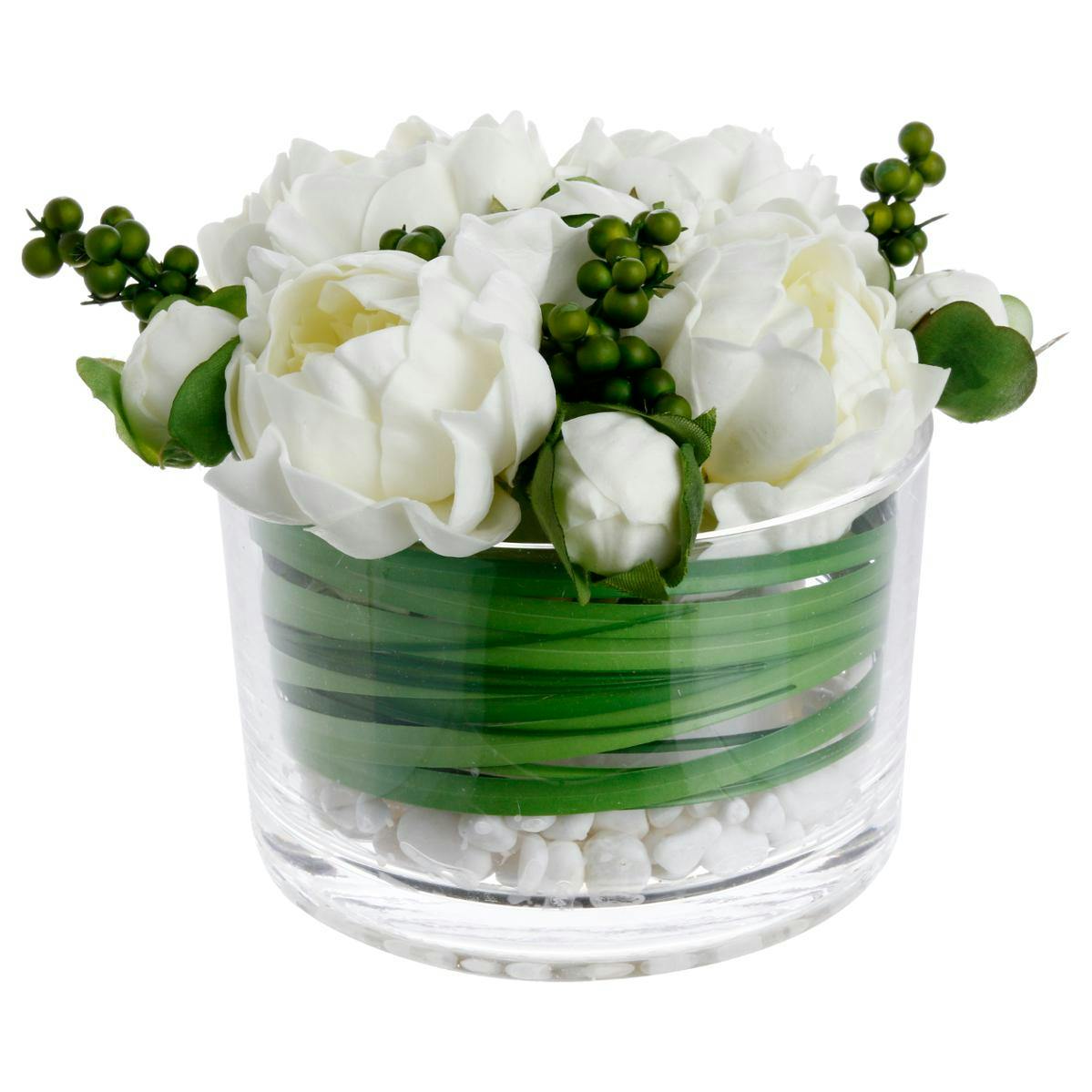 Composition Pivoine dans vase verre D23xH15cm