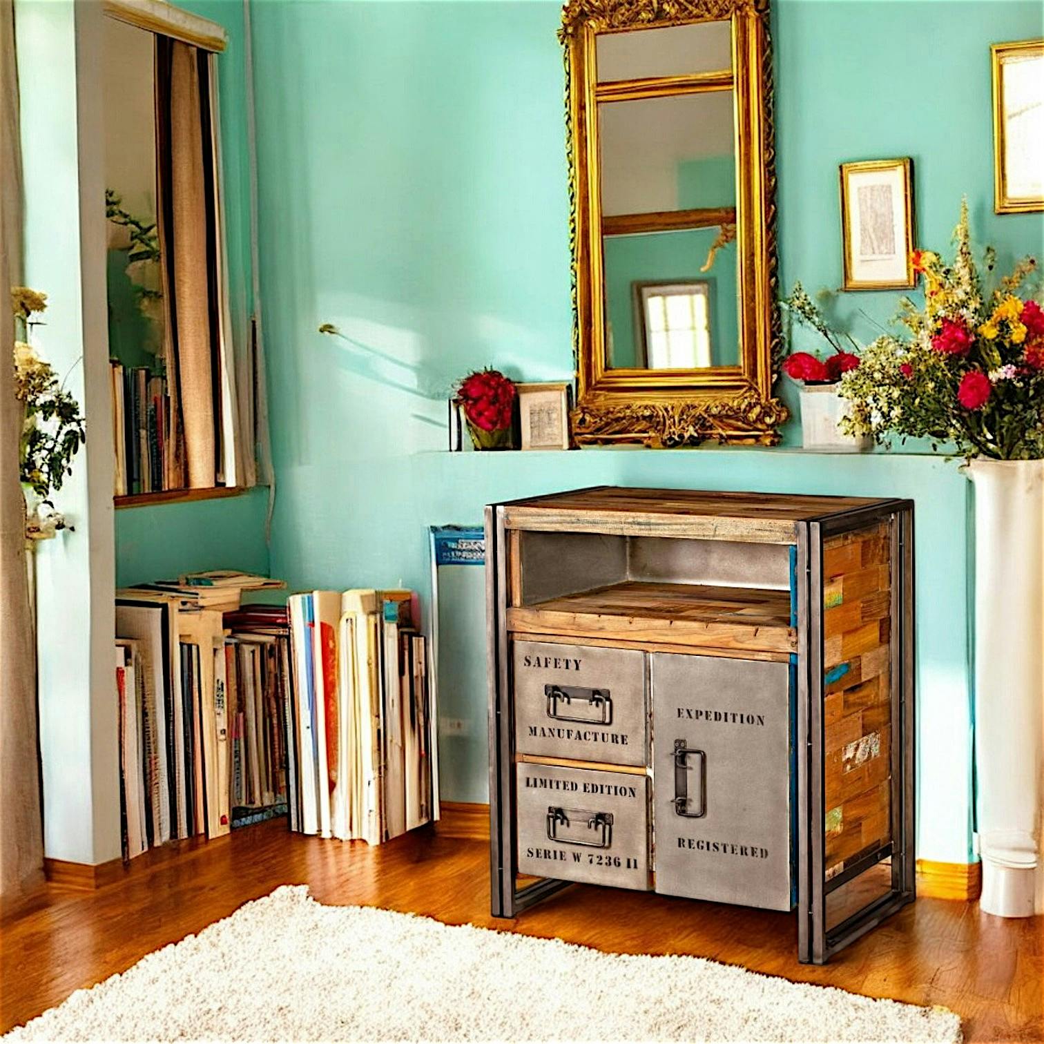 Confiturier bois recyclé 2 tiroirs 1 porte 78x90 CARAVELLE