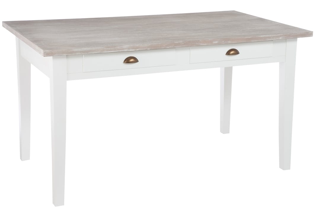 Console 2 tiroirs, bois blanc et plateau naturel, 145x85x80cm
