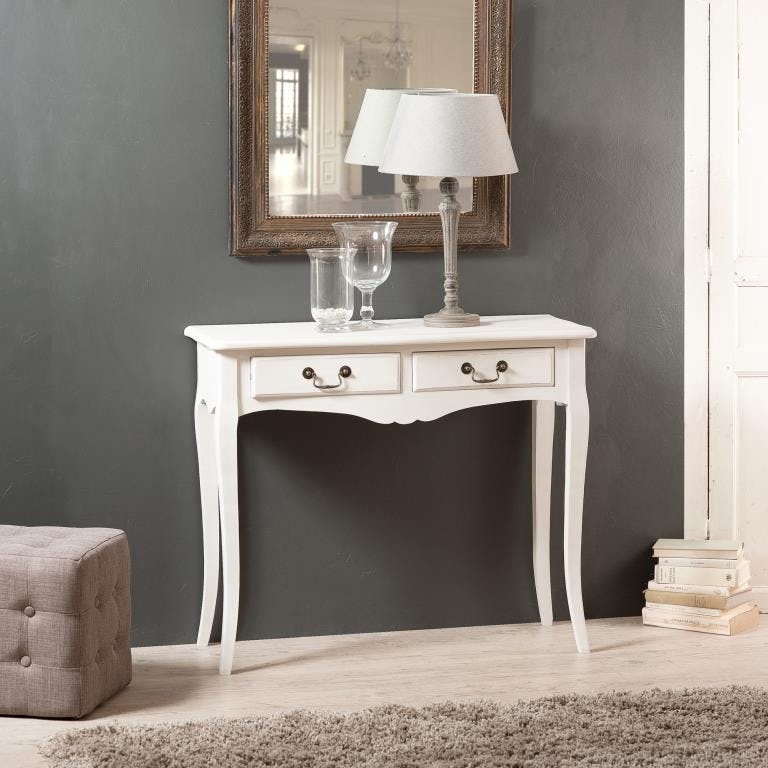 Console 2 tiroirs bois peint blanc 90,5x38,5x76cm MARIE