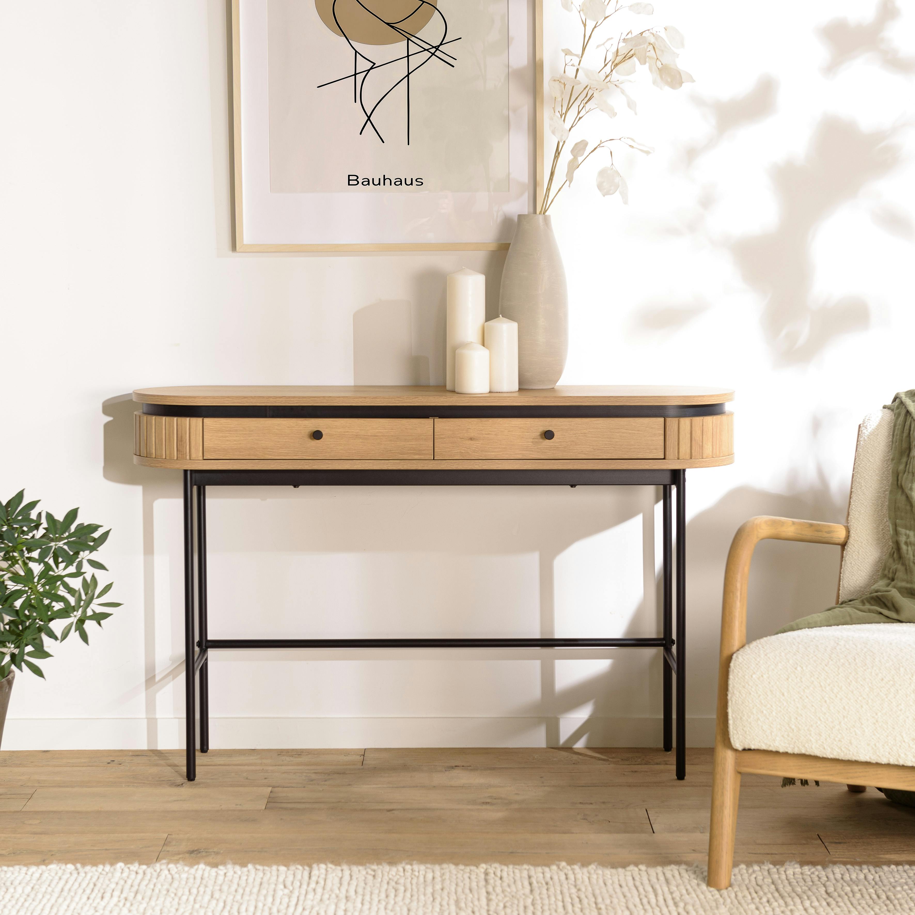 Console 2 tiroirs bords arrondis décor strié JINAN