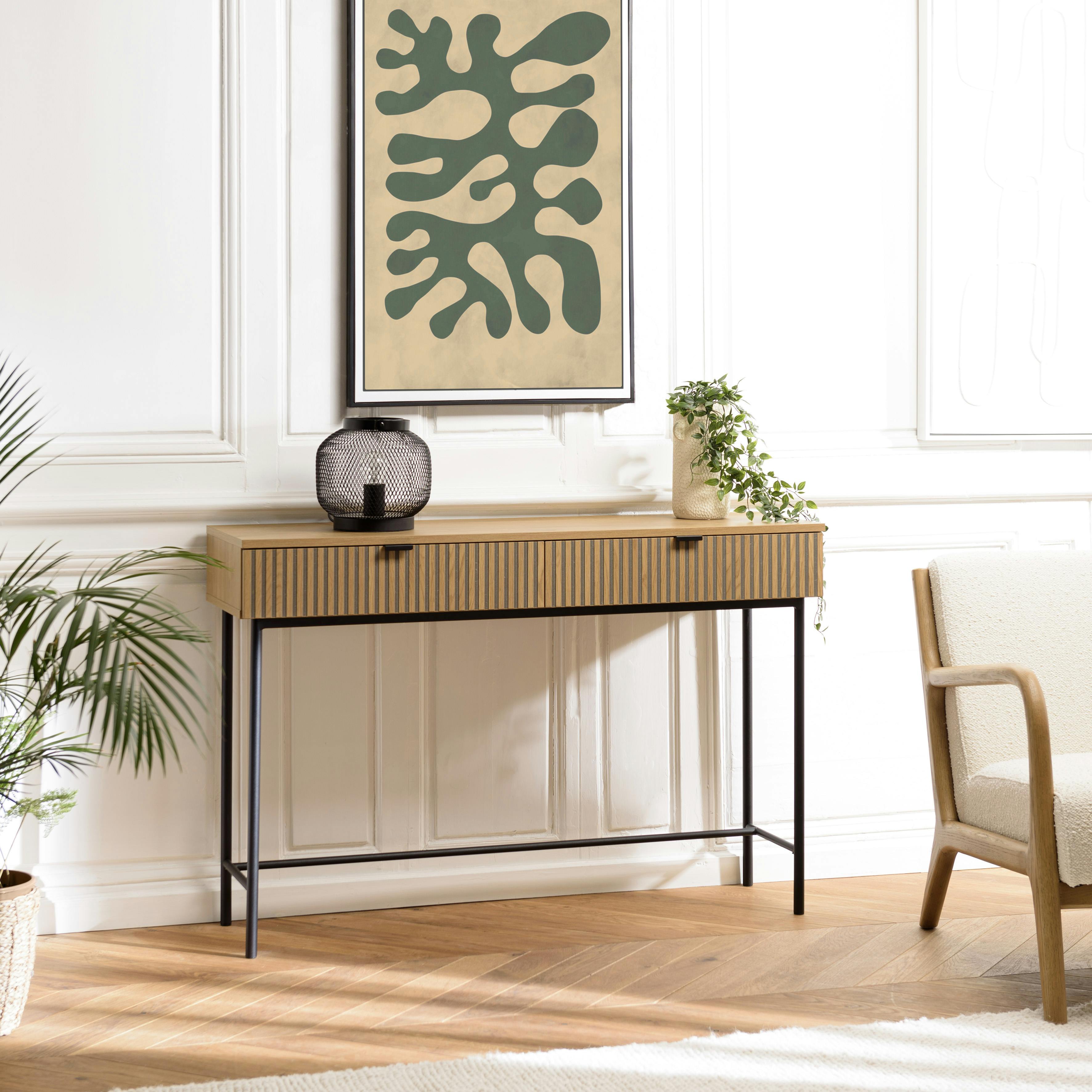 Console 2 tiroirs décor effet bois rainuré noir/naturel OLETTA