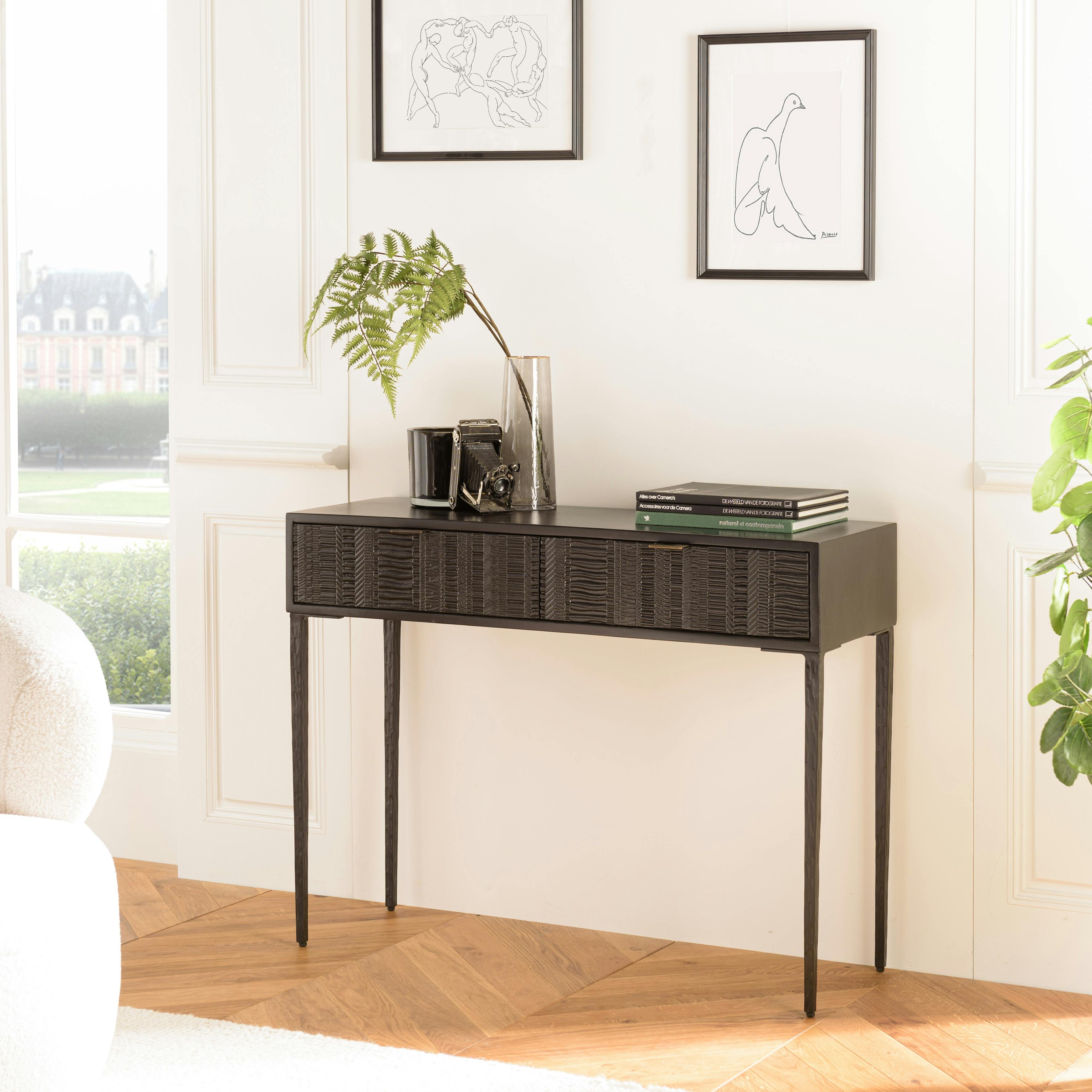 Console 2 tiroirs façades sculptées bois noir SURATE