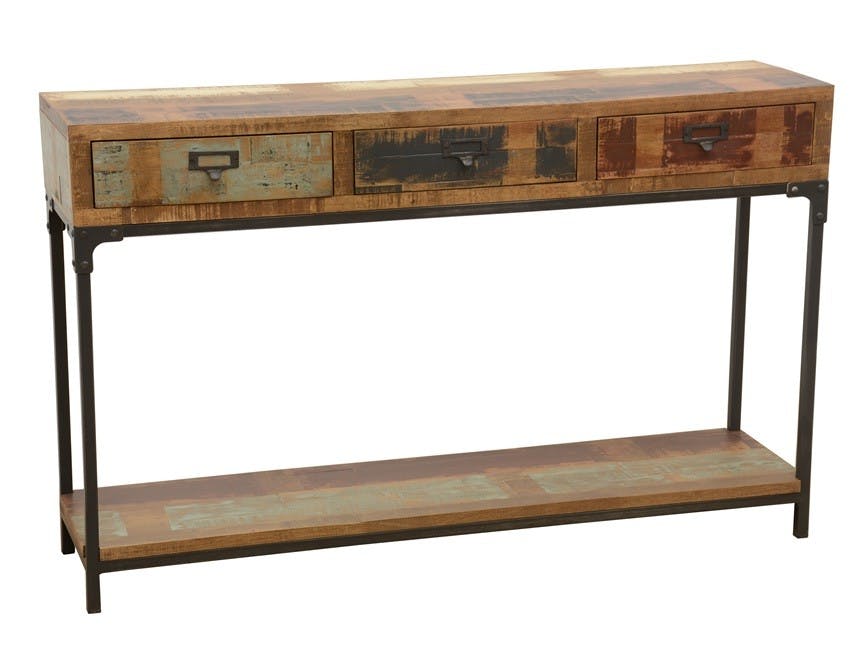 Console 3 tiroirs, 1 plateau bas en Hévéa recyclé coloré et métal 120x30x75 LOFT COLORS